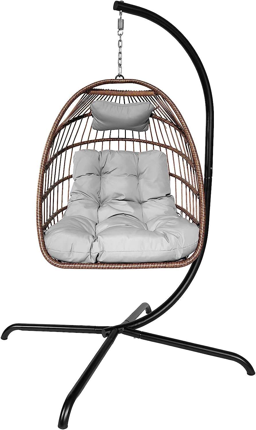 Olela Wicker Egg Swing Chair with Stand Indoor Outdoor,Hanging Egg Chair with Cushion and Pillow,Basket Chair for Bedroom,Living Room or Patio Garden (Natural-Round Base)