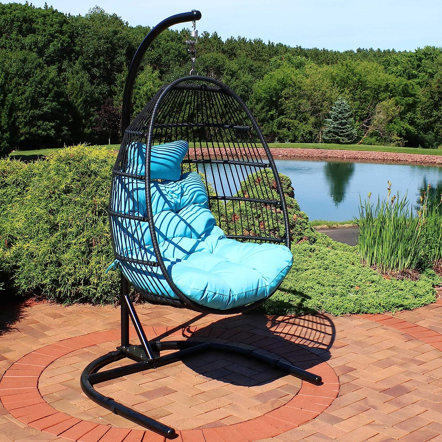 Sunnydaze Julia Hanging Egg Chair with Stand and Red Cushions - Comfy Collapsible Outdoor Egg Chair Swing with Stand - Black Polyethylene Wicker Rattan Frame with Steel Stand - 76 Inches Tall