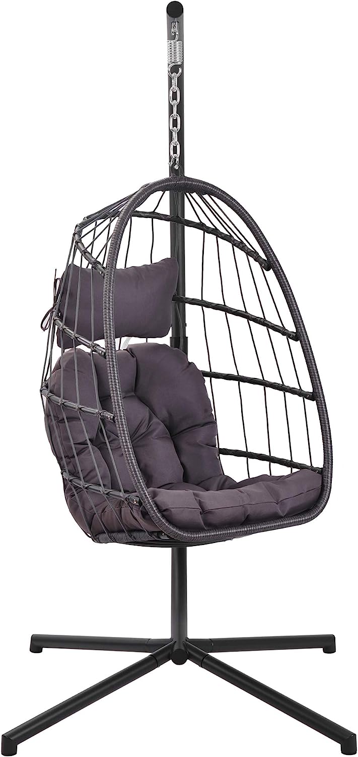 Patio Hanging Egg Chair with Stand Swing Chair,Basket Swinging Chair,Porch Chaise Lounge Chair,Rattan Wicker Hammock Chair with Deep Cushion for Indoor Outdoor Home Bedroom Backyard Balcony (Gray)