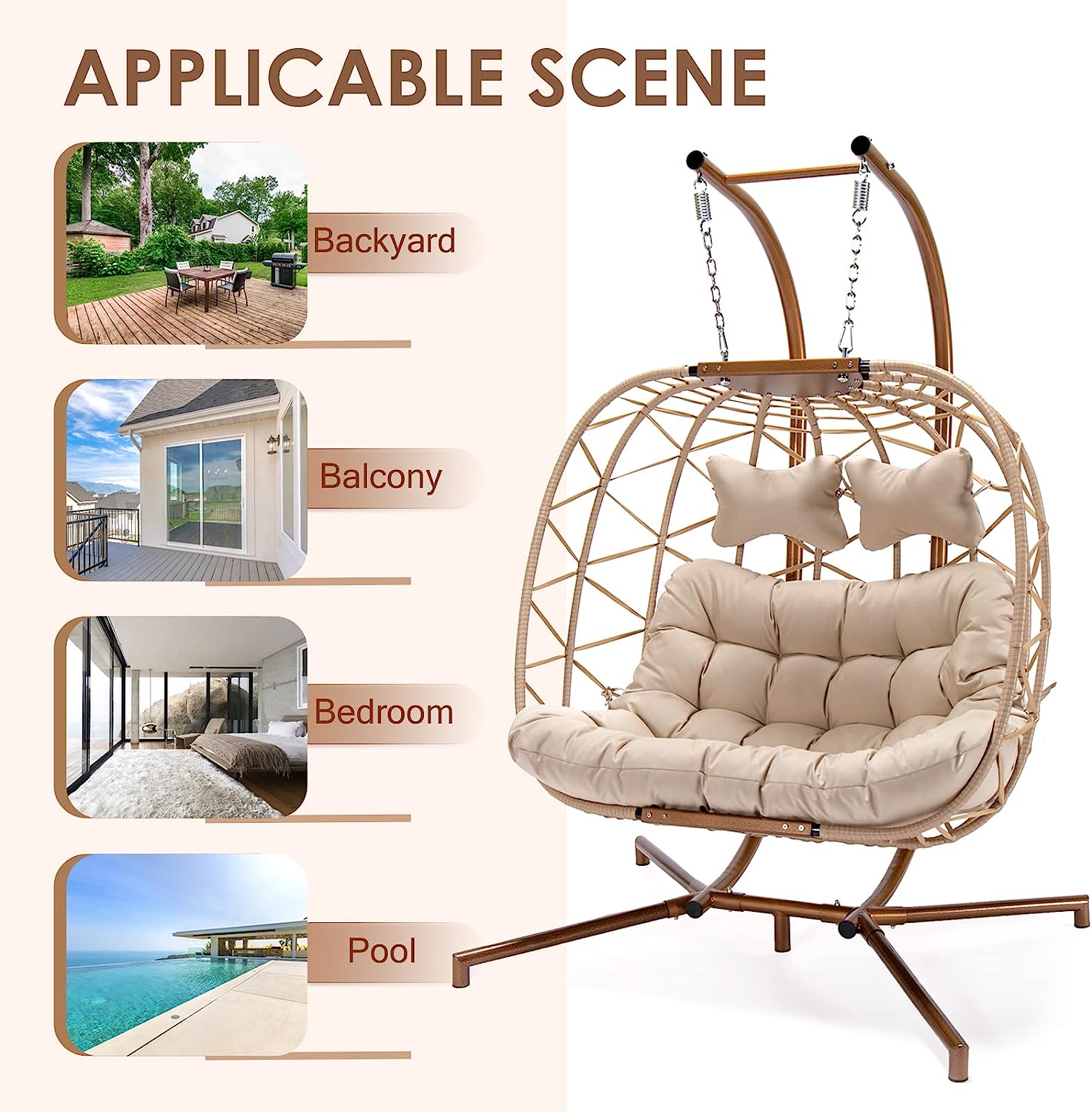 RADIATA Double Egg Chair with Stand Luxury Outdoor Patio Wicker Loveseat Hanging Swing Egg Chairs with Resistant Cushions Metal Frame 500 lbs Capaticy for 2 Persons Patio Backyard Balcony