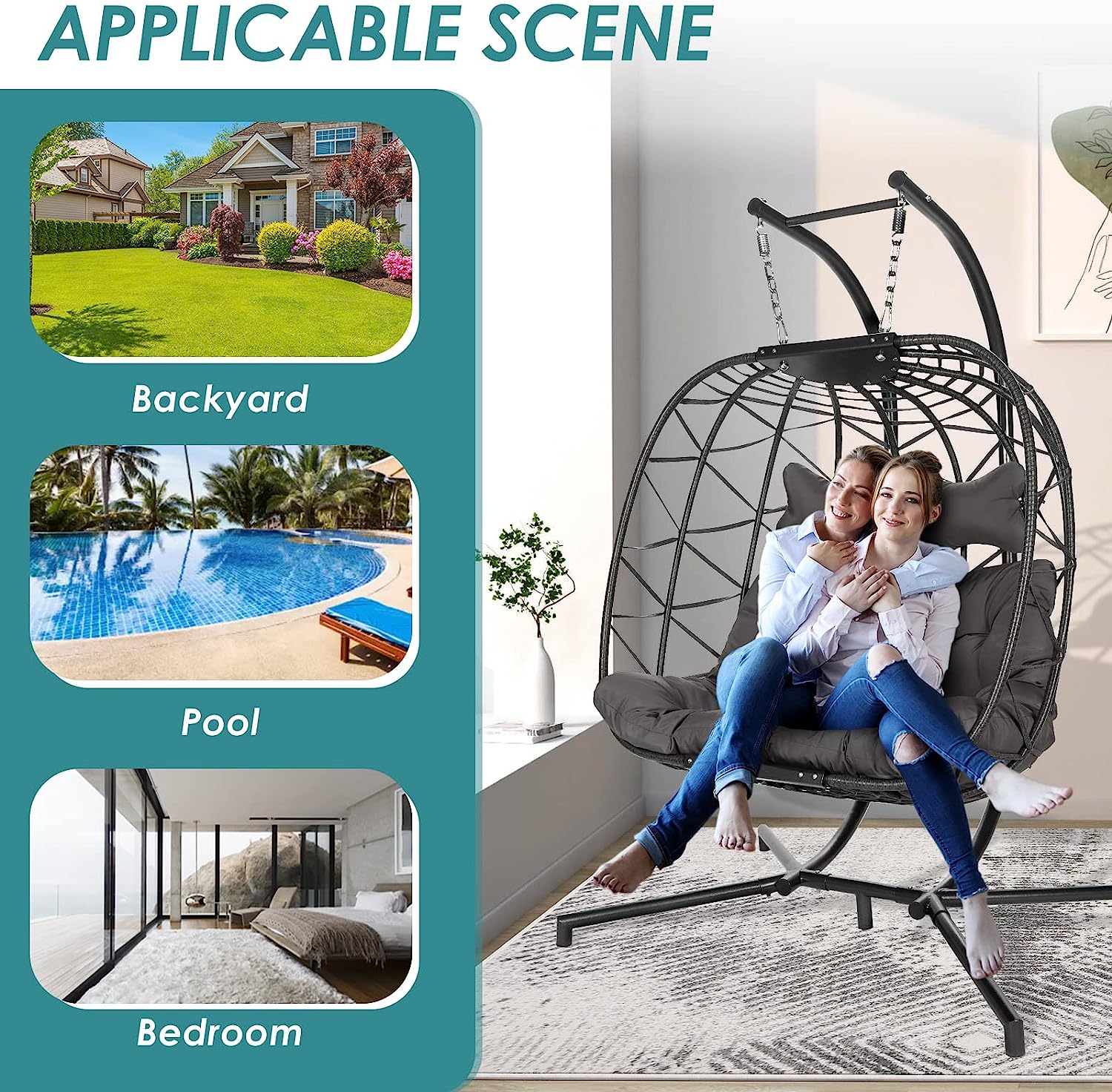 RADIATA Double Egg Chair with Stand Luxury Outdoor Patio Wicker Loveseat Hanging Swing Egg Chairs with Resistant Cushions Metal Frame 500 lbs Capaticy for 2 Persons Patio Backyard Balcony
