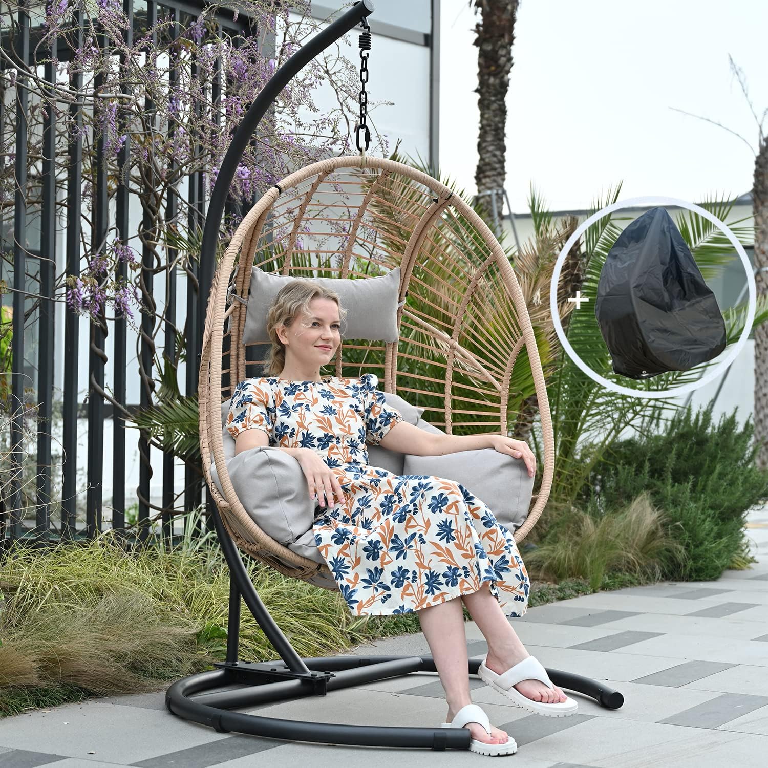 JOYBASE Hanging Egg Chair with Stand, Outdoor Wicker Rattan Egg Swing Chair with Stand and Cushion for Indoor Outdoor Bedroom Patio Garden (Grey/Black)