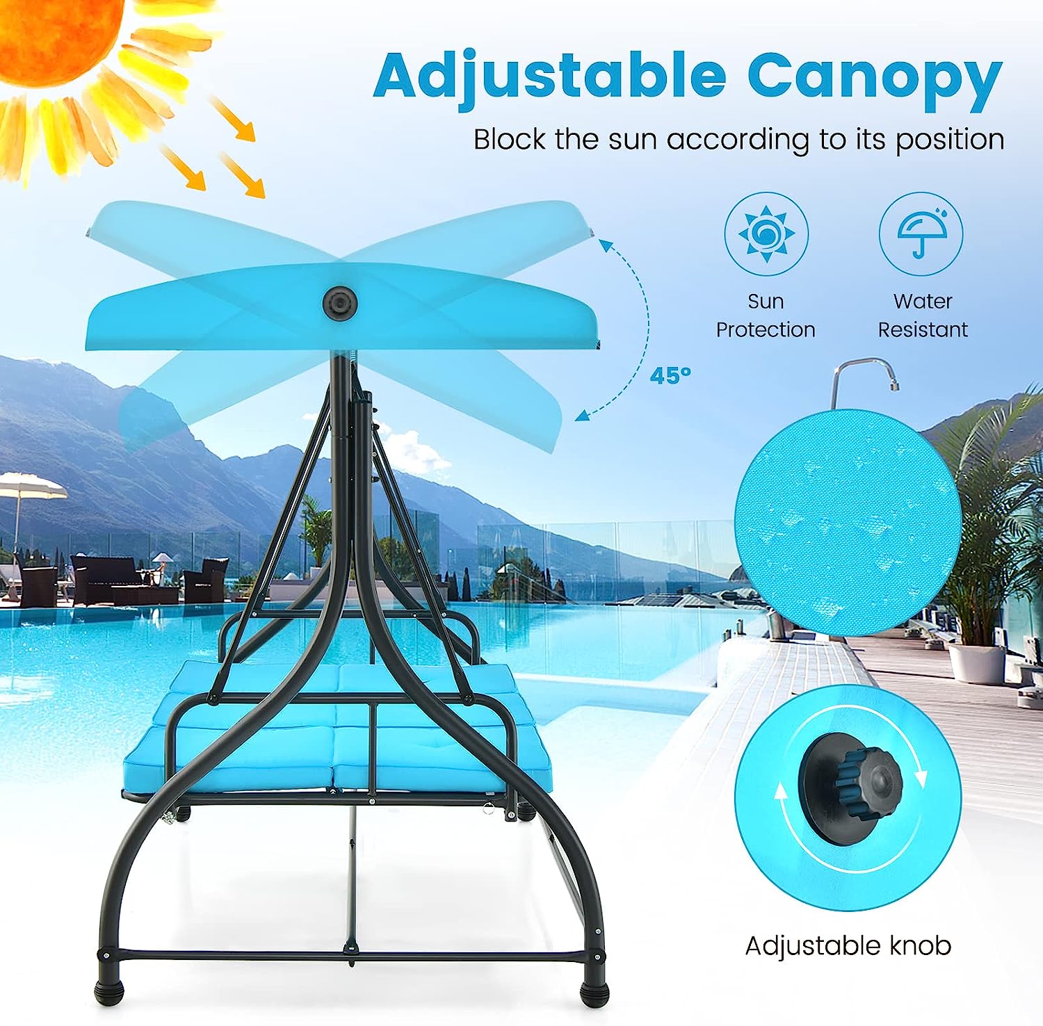 Tangkula 3 Person Porch Swing, 2-in-1 Convertible Patio Swing Bed with Removable Cushions, Solid Steel Structure, Outdoor Swing with Adjustable Canopy for Backyard, Balcony, Poolside (Turquoise)