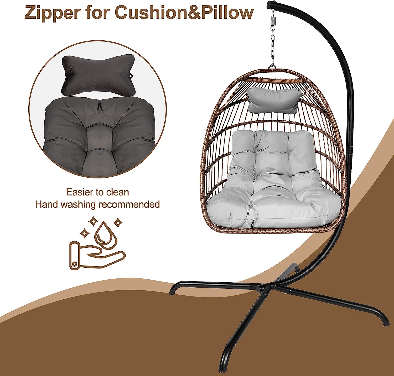 Olela Wicker Egg Swing Chair with Stand Indoor Outdoor,Hanging Egg Chair with Cushion and Pillow,Basket Chair for Bedroom,Living Room or Patio Garden (Natural-Round Base)