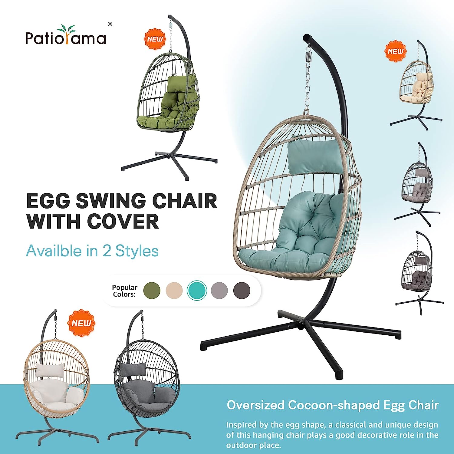 Patiorama Indoor Outdoor Egg Swing Chair with Stand, Patio Grey Wicker Rattan Hanging Chair with Rope Back, Cushion,Cover,All Weather Foldable Hammock Chair for Bedroom, Garden (Light Grey)