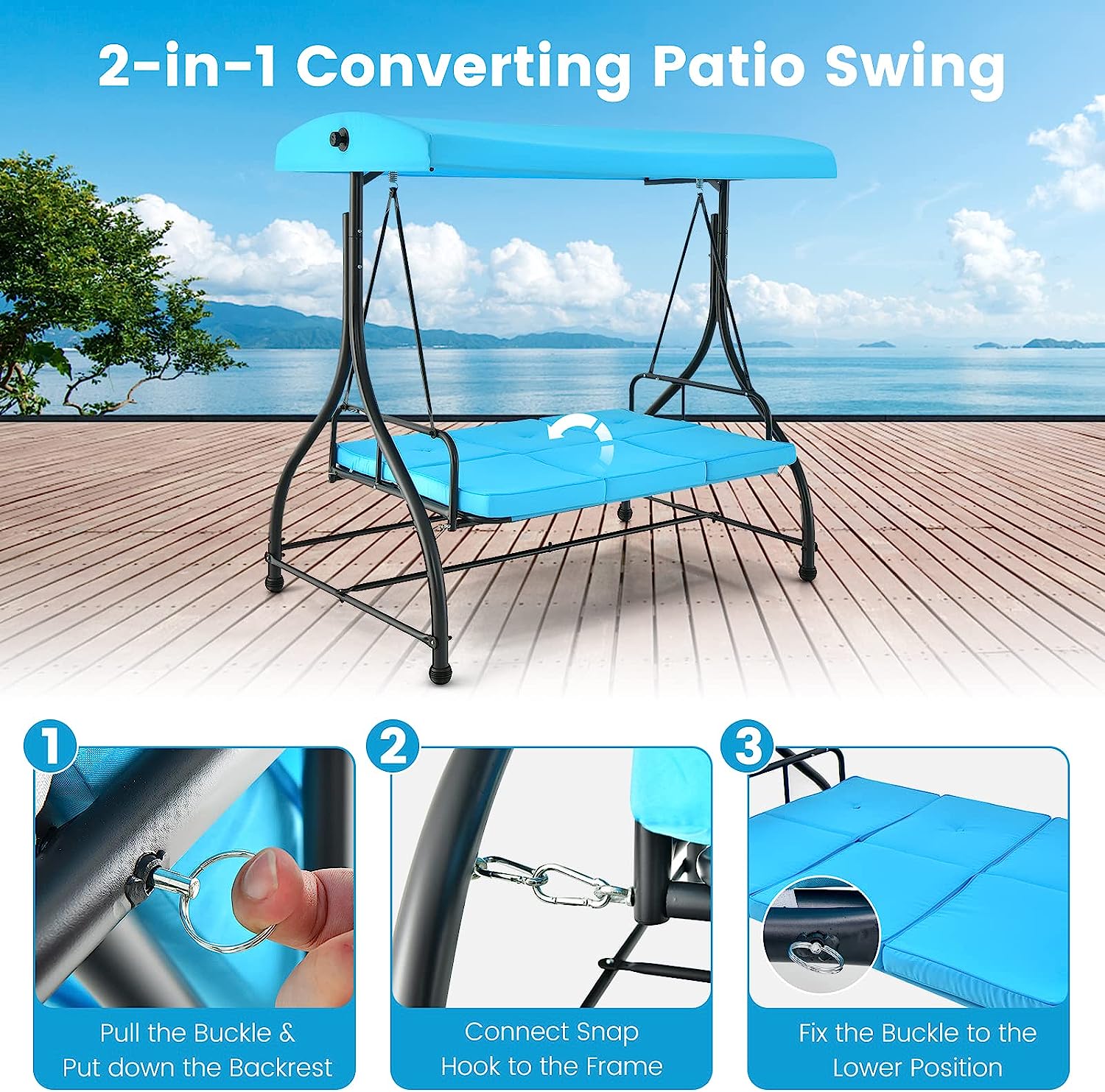 Tangkula 3 Person Porch Swing, 2-in-1 Convertible Patio Swing Bed with Removable Cushions, Solid Steel Structure, Outdoor Swing with Adjustable Canopy for Backyard, Balcony, Poolside (Turquoise)