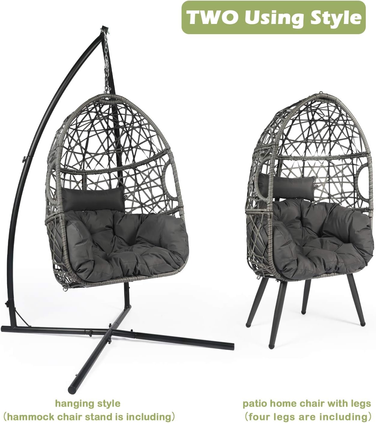 LAZZO Swing Egg Chair, Rattan Hanging Chair, Indoor & Outdoor Hammock Chair with Seat Cushion & Pillow for Patio Porch Lounge Bedroom