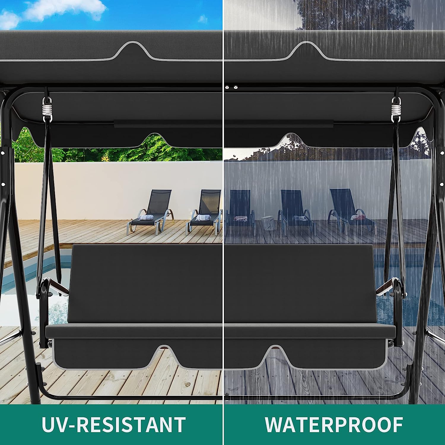 YITAHOME 3-Seat Porch Swing Outdoor Heavy Duty Patio Swing Chair with Stand Adjustable Canopy Soft Cushion for Garden, Patio, Lawn, Balcony and Deck, Black