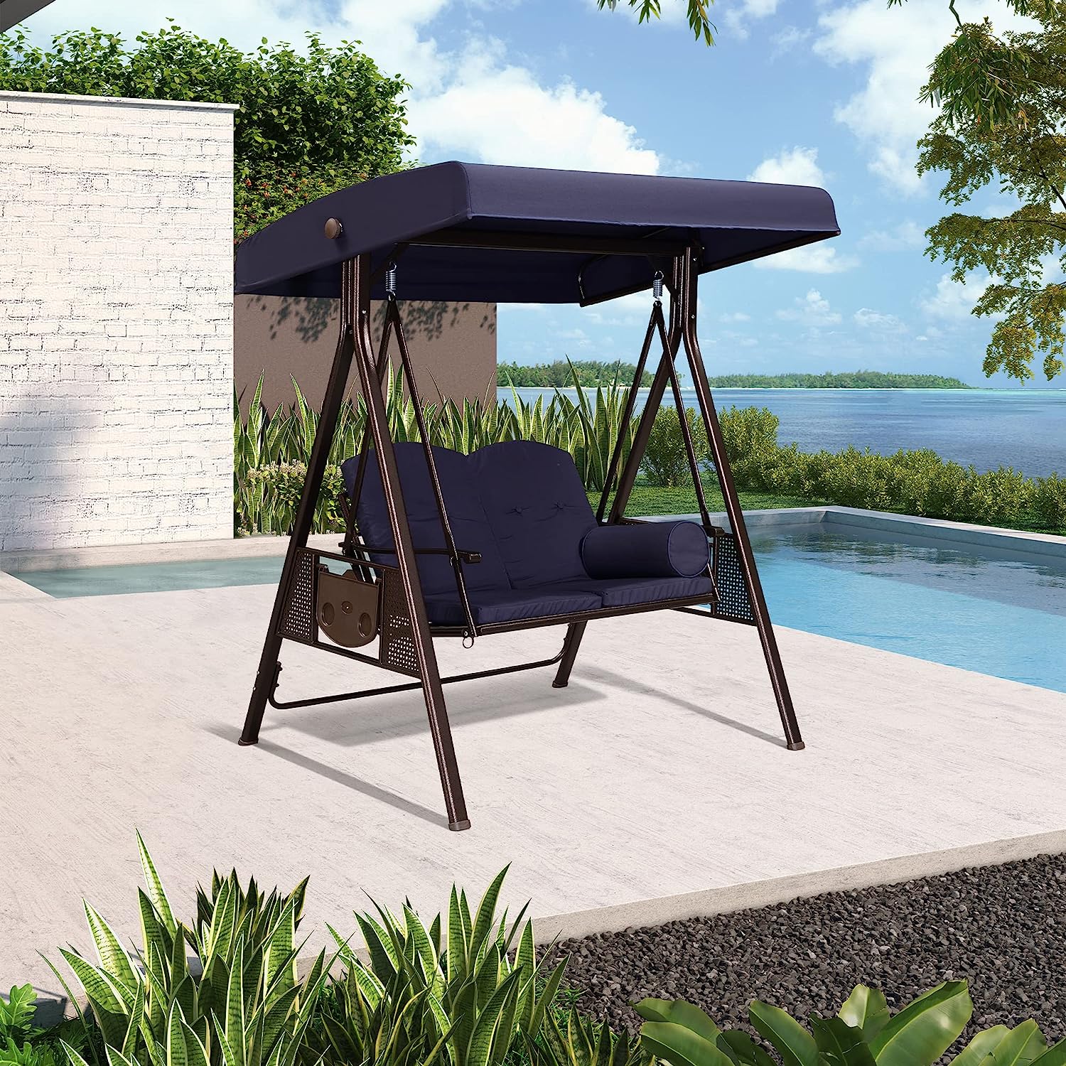 PURPLE LEAF 3-Seat Deluxe Outdoor Patio Porch Swing with Weather Resistant Steel Frame, Adjustable Tilt Canopy, Cushions and Pillow Included, Beige