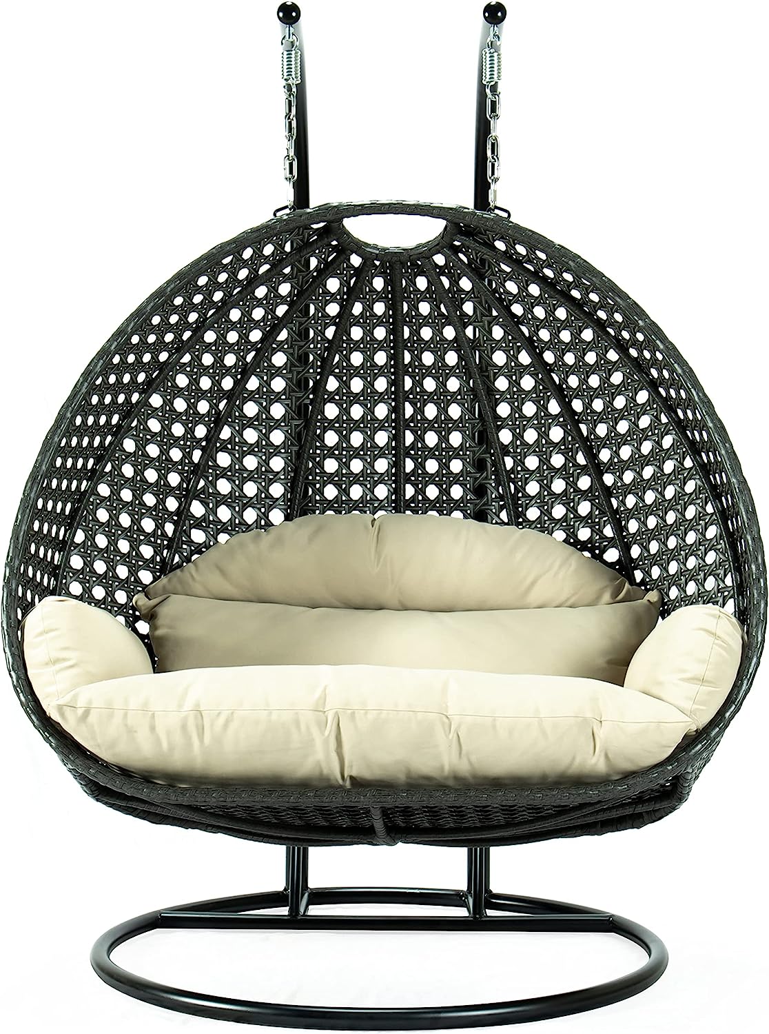 LeisureMod 2 Person Hanging Double Swing Chair, X-Large Wicker Rattan Egg Chair with Stand and Cushion for Indoor Outdoor Patio Garden (Light Green)