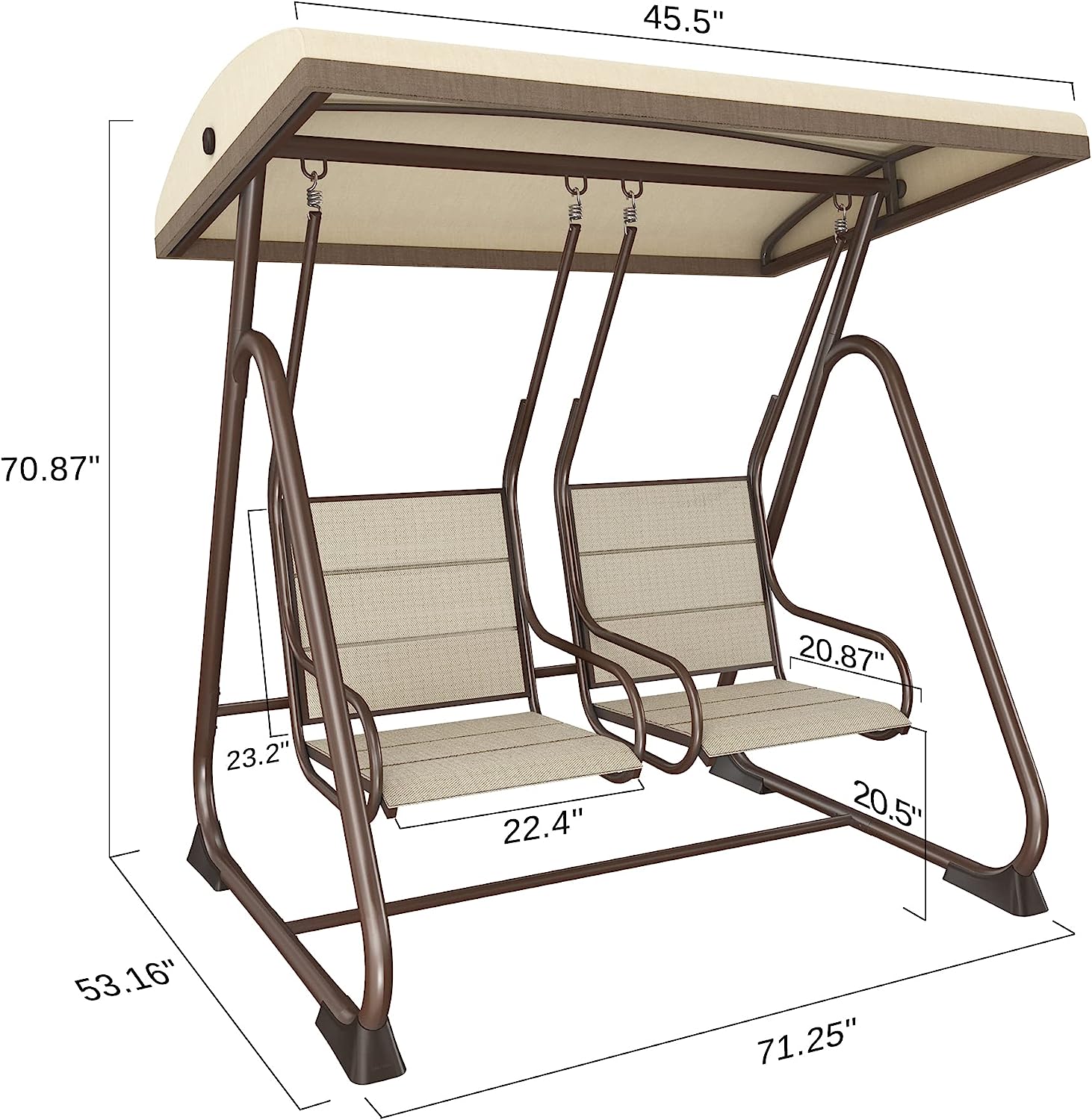 EAST OAK 2-Person Outdoor Patio Swing Chair with Adjustable Canopy, Porch Swing with Comfortable and Breathable Seats, Independent Swing Chairs for Garden, Balcony, Backyard, Chestnut Brown