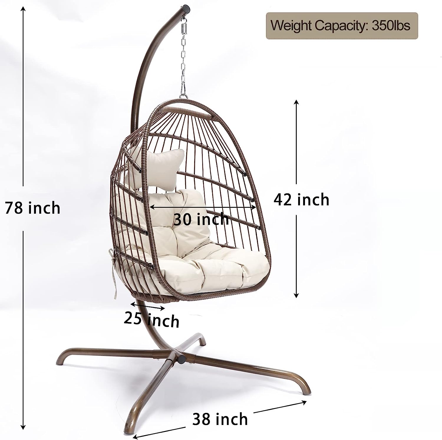 Swing Egg Chair Without Stand Indoor Outdoor Wicker Rattan Patio Basket Hanging Chair with UV Resistant Cushions 265lbs Capaticy for Bedroom Balcony Patio (Without Stand)