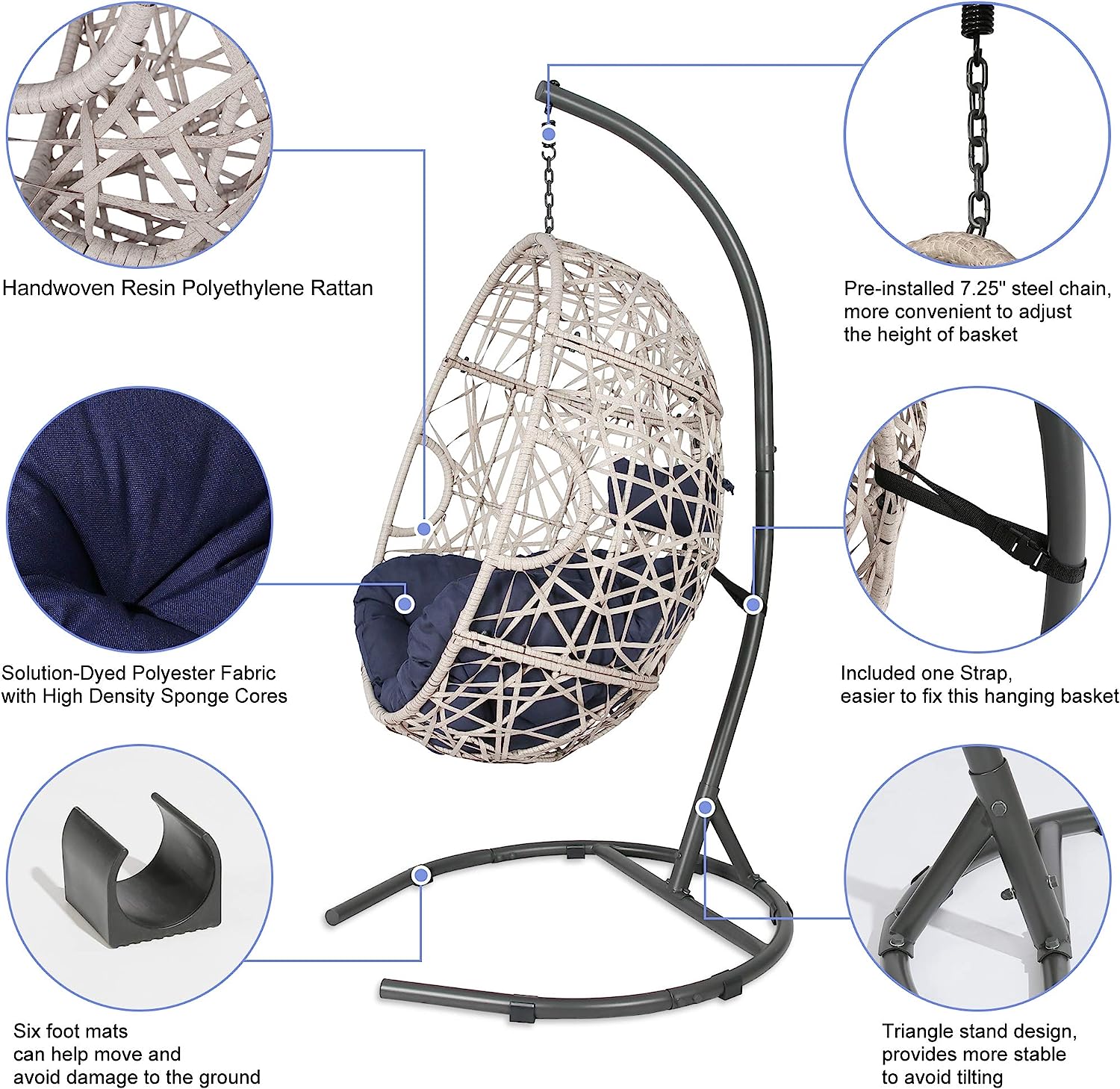 Iwicker Outdoor Rattan Egg Hanging Swing Chair with Cushions and Stand (Beige)