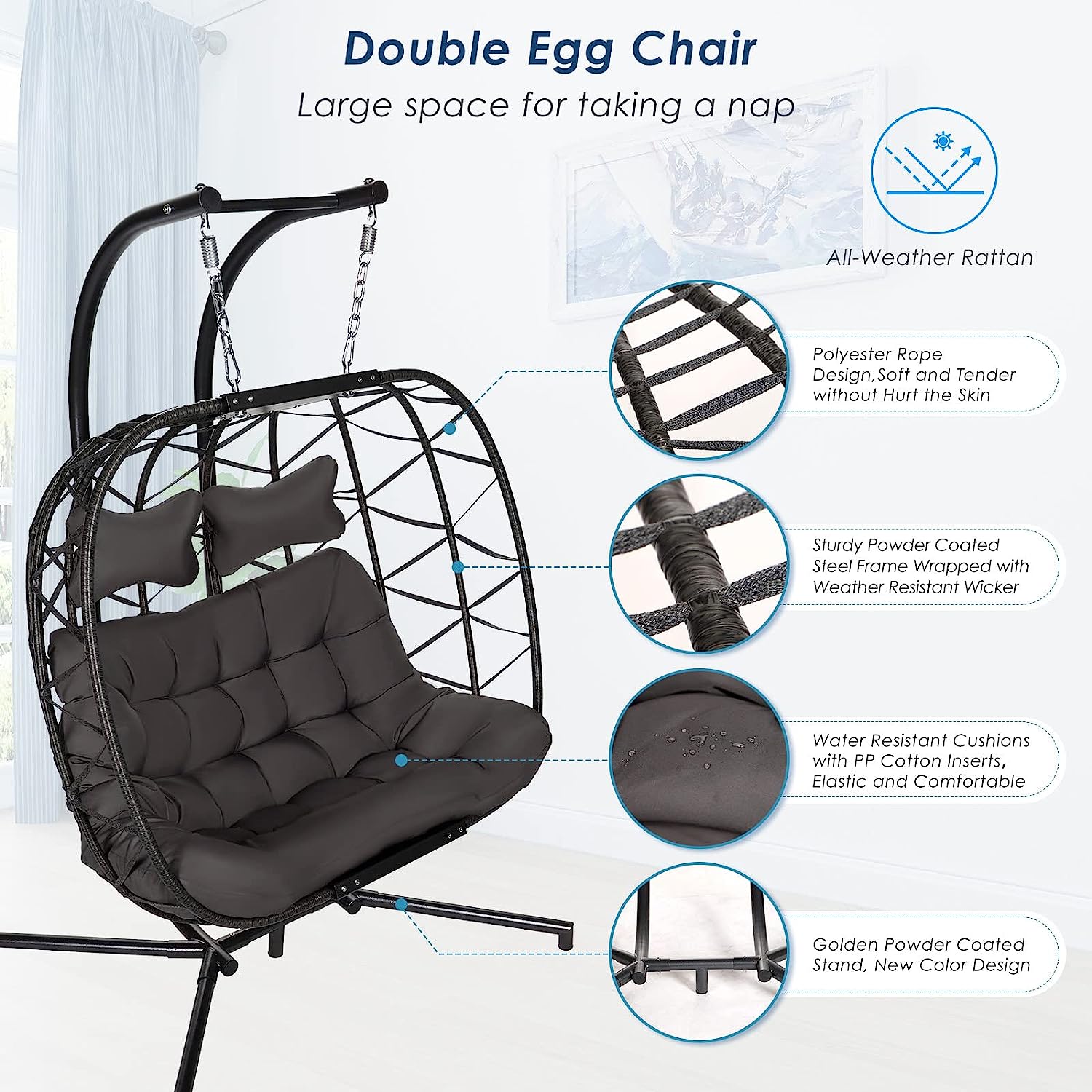 Swing Egg Chair with Stand Indoor Outdoor Wicker Rattan Patio Basket Hanging Chair with UV Resistant Cushions 350lbs Capaticy for Bedroom Balcony Patio (Cream)