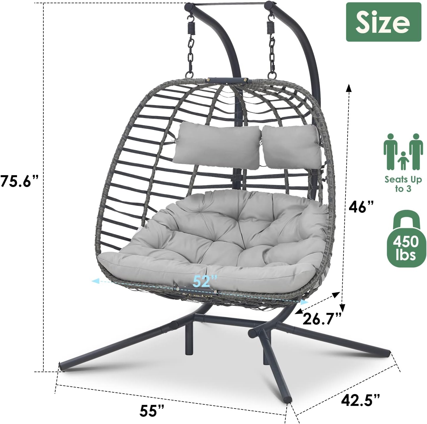 2 Person Hanging Egg Chair with Stand for Outdoor, Patio Hand Made Rattan Wicker Double Egg Swing Chairs Hammock Chair with UV Resistant Cushion and Metal Frame, Porch Swing Loveseat for Backyard