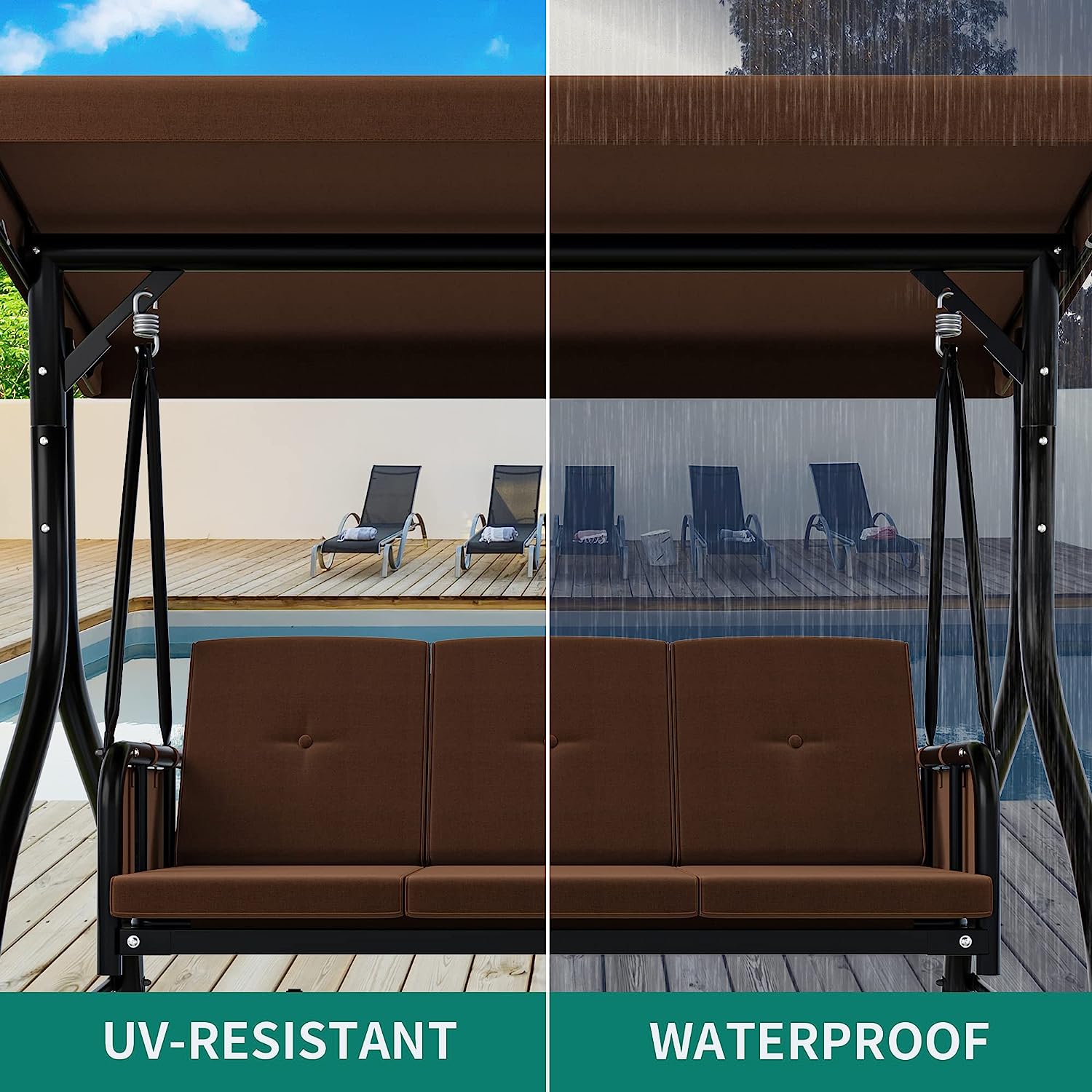 YITAHOME Porch Swing Bed 3-Seats Outdoor Patio Swing Heavy Duty Swing Chair with Adjustable Canopy Removable Cushion, Suitable for Adult in Garden, Poolside, Balcony, Brown