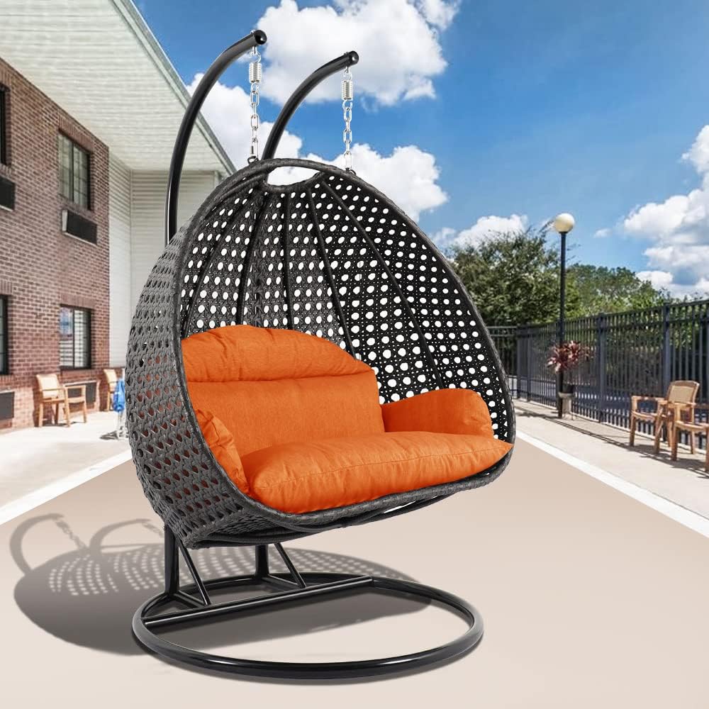 LeisureMod 2 Person Hanging Double Swing Chair, X-Large Wicker Rattan Egg Chair with Stand and Cushion for Indoor Outdoor Patio Garden (Light Green)