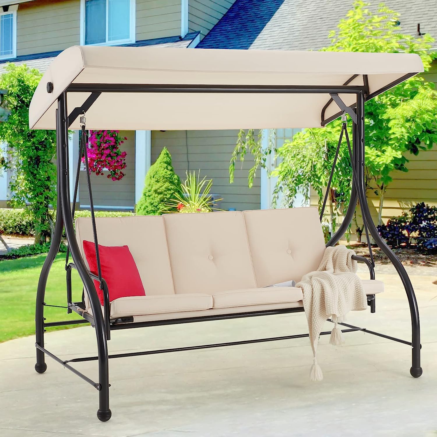 AECOJOY 3-Seat Outdoor Porch Swing with Adjustable Backrest and Canopy, Patio Swing w/Removable Cushions Outdoor Swing Bed for Porch, Backyard, Poolside, Beige