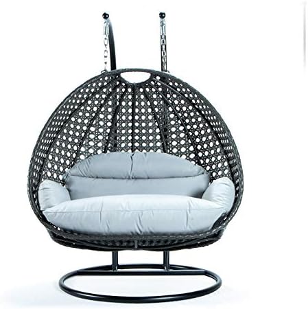 LeisureMod 2 Person Hanging Double Swing Chair, X-Large Wicker Rattan Egg Chair with Stand and Cushion for Indoor Outdoor Patio Garden (Light Green)