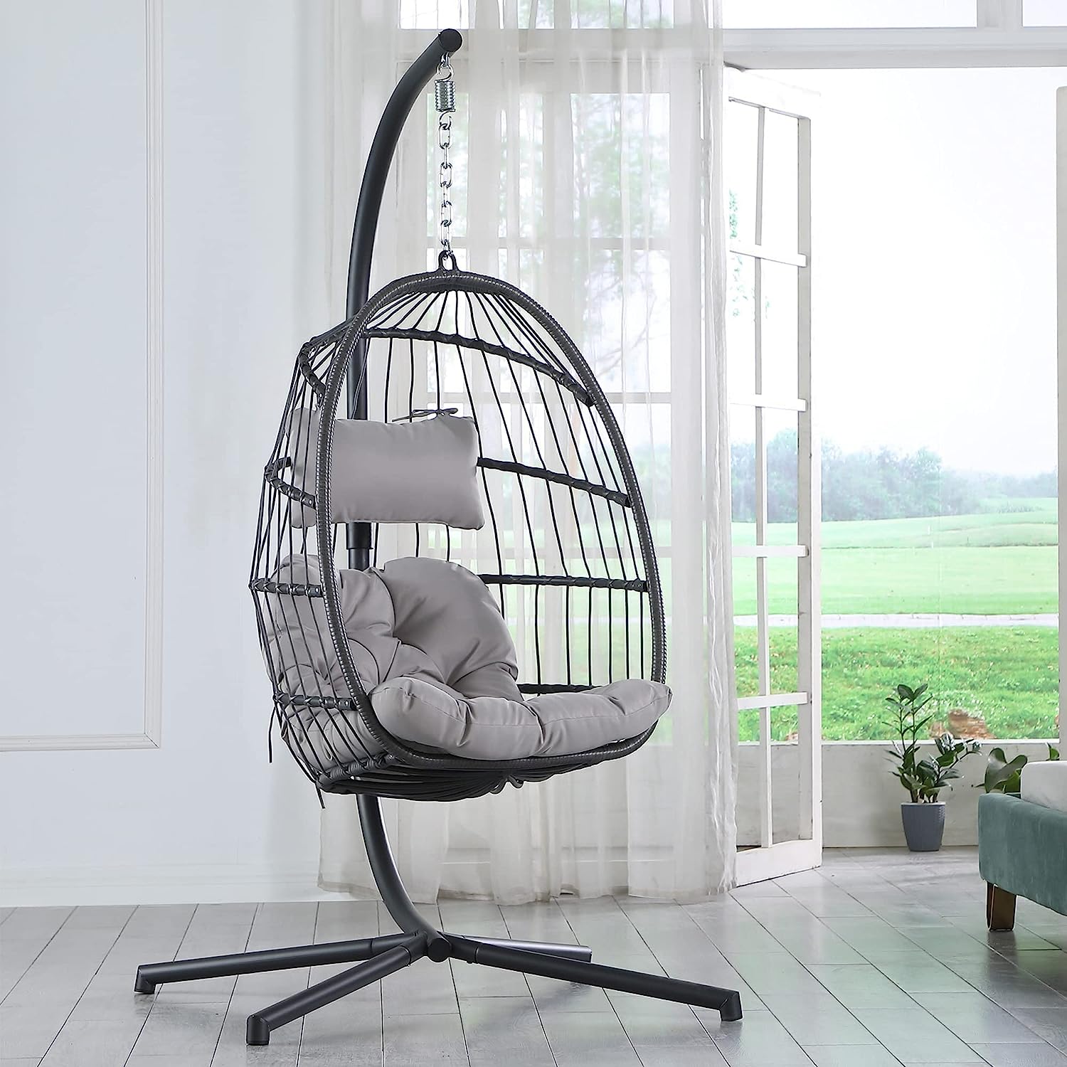 Brafab Swing Egg Chair, Hammock Chair, Hanging Chair, Aluminum Frame and UV Resistant Cushion with Steel Stand, Indoor Outdoor Patio Porch Lounge Bedroom Hand Made Wicker Rattan Chair, 350LBS Capacity