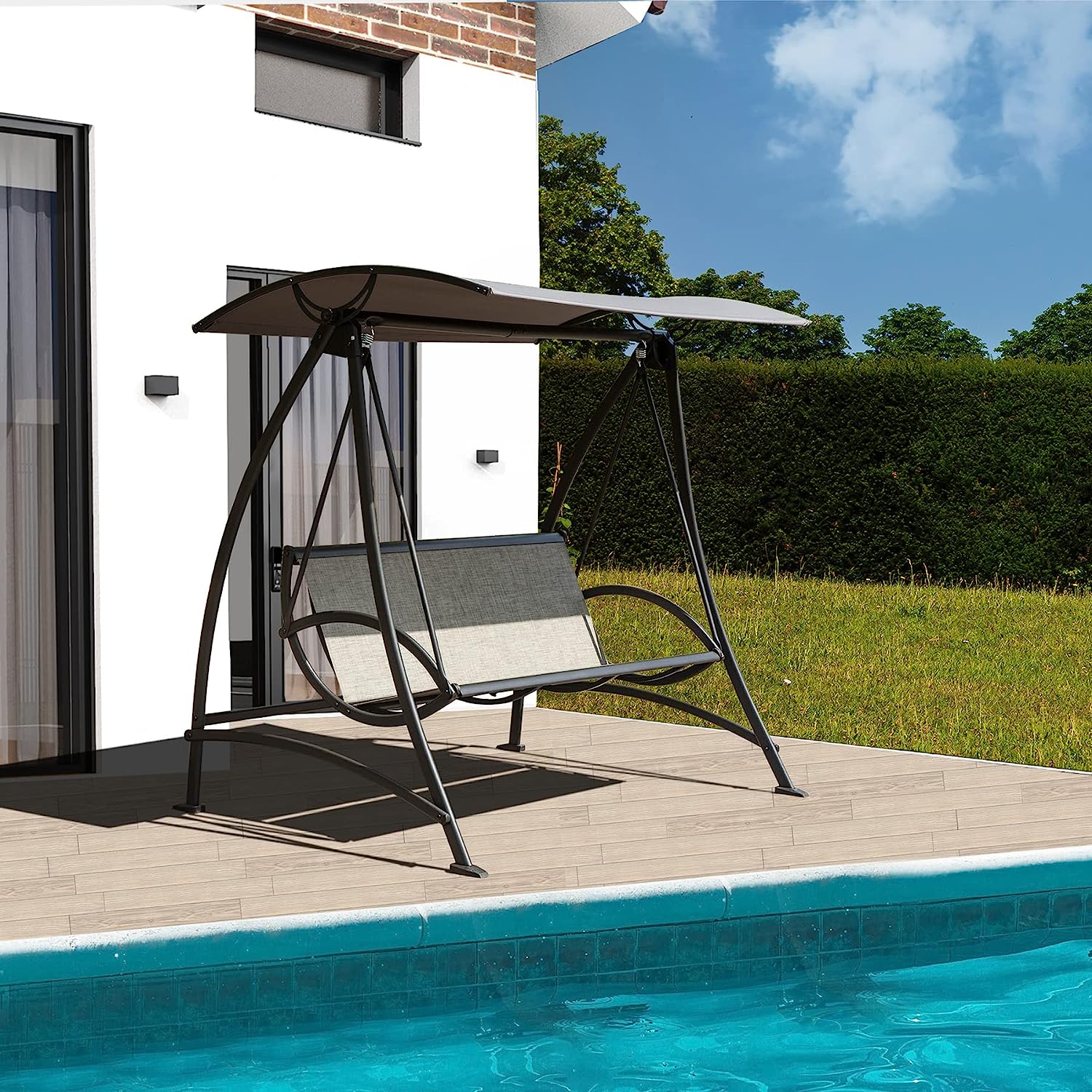 Domi 3-Seat Patio Swing Chair, Outdoor Porch Swing with Adjustable Canopy and Durable Steel Frame, Patio Swing Glider for Garden, Deck, Porch, Backyard