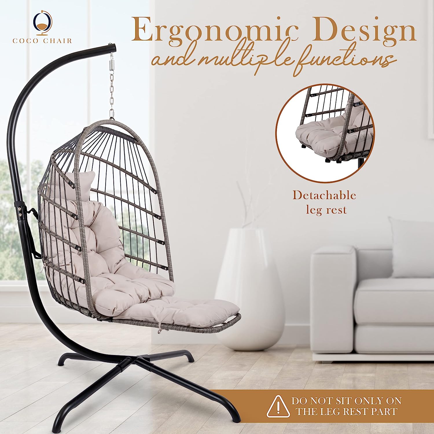 Coco Chair Hanging Egg Chair with Stand & Leg Rest | Gray Egg Chair Outdoor with Included Pillow | Swinging Chair for Outdoor and Indoor| Foldable Egg Chair | Perfect Swing Chair for Summer
