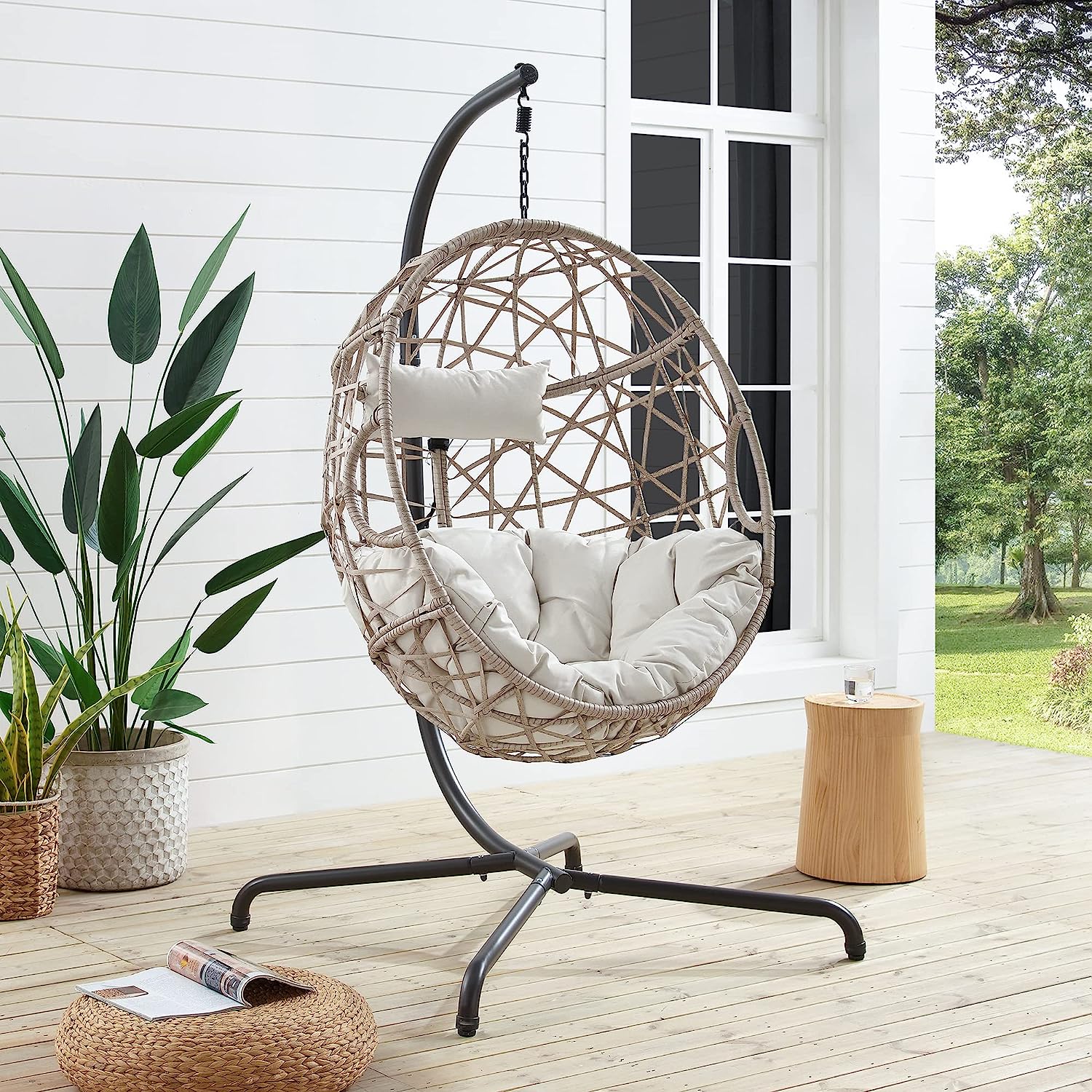 Ulax Furniture Egg Chair, Hanging Swing Chair with Stand, Hanging Lounge Chair, Outdoor Patio Wicker Tear Drop Hammock Chair with Cushion (Navy)