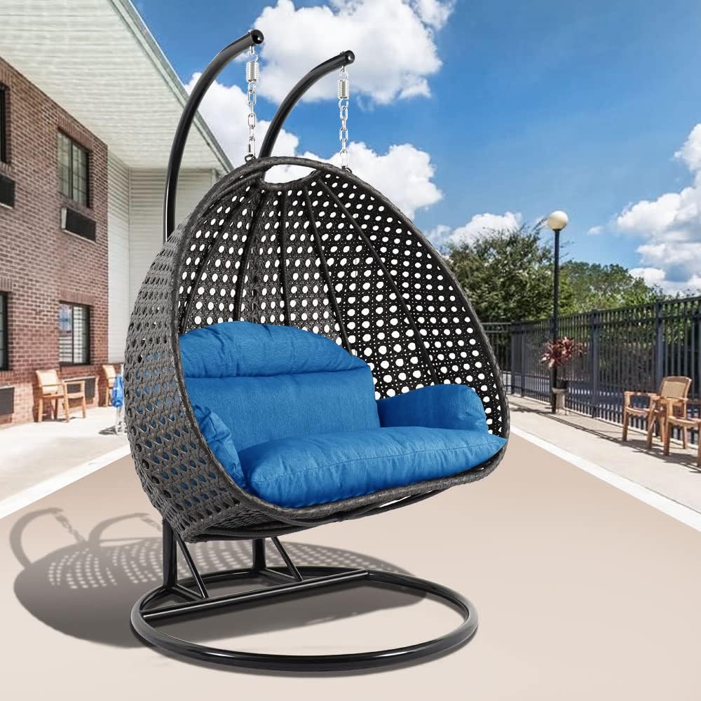 LeisureMod 2 Person Hanging Double Swing Chair, X-Large Wicker Rattan Egg Chair with Stand and Cushion for Indoor Outdoor Patio Garden (Light Green)