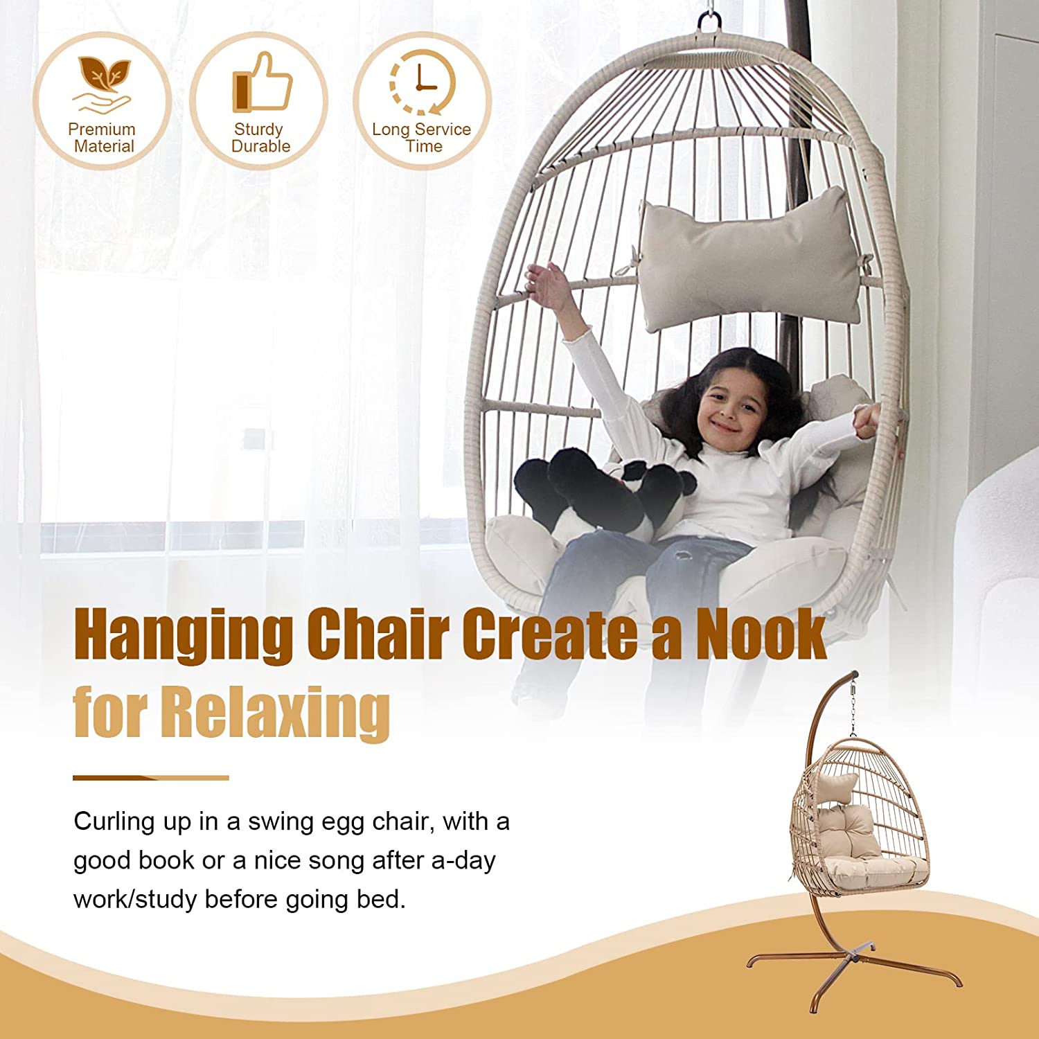 Swing Egg Chair with Stand Indoor Outdoor Wicker Rattan Patio Basket Hanging Chair with UV Resistant Cushions 350lbs Capaticy for Bedroom Balcony Patio (Cream)