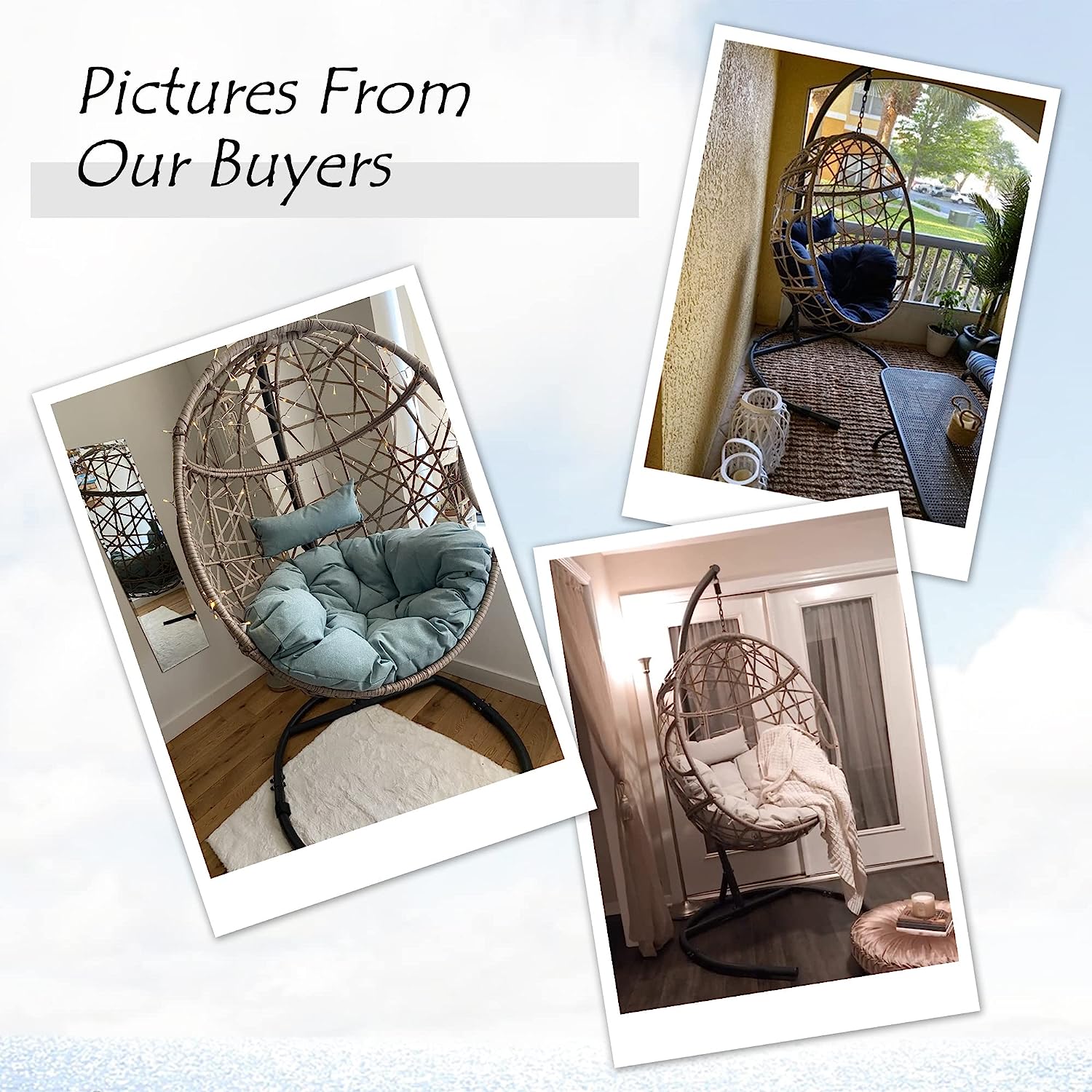 Iwicker Outdoor Rattan Egg Hanging Swing Chair with Cushions and Stand (Beige)