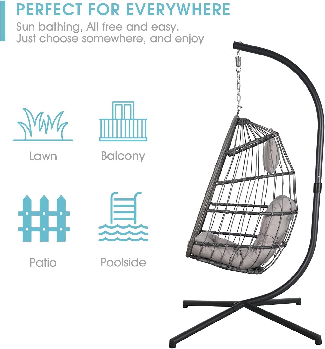 Patiorama Indoor Outdoor Egg Swing Chair with Stand, Patio Grey Wicker Rattan Hanging Chair with Rope Back, Cushion,Cover,All Weather Foldable Hammock Chair for Bedroom, Garden (Light Grey)