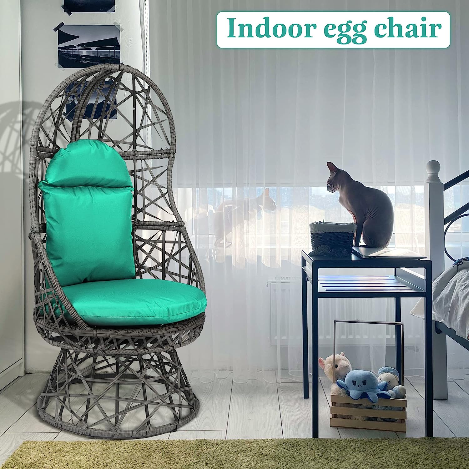 HOPUBUY Hammock Chair Egg Chair with Stand, Hanging Chair with Cushion and Pillow, Rattan Egg Swing Chair for Outdoor Indoor Bedroom, Porch, Balcony, Tree (C-Stand not Included)