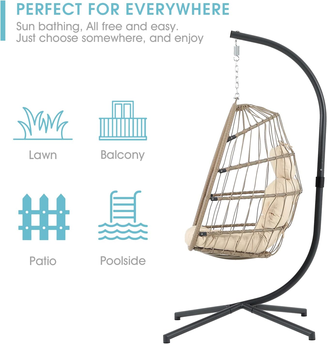 Patiorama Indoor Outdoor Egg Swing Chair with Stand, Patio Grey Wicker Rattan Hanging Chair with Rope Back, Cushion,Cover,All Weather Foldable Hammock Chair for Bedroom, Garden (Light Grey)