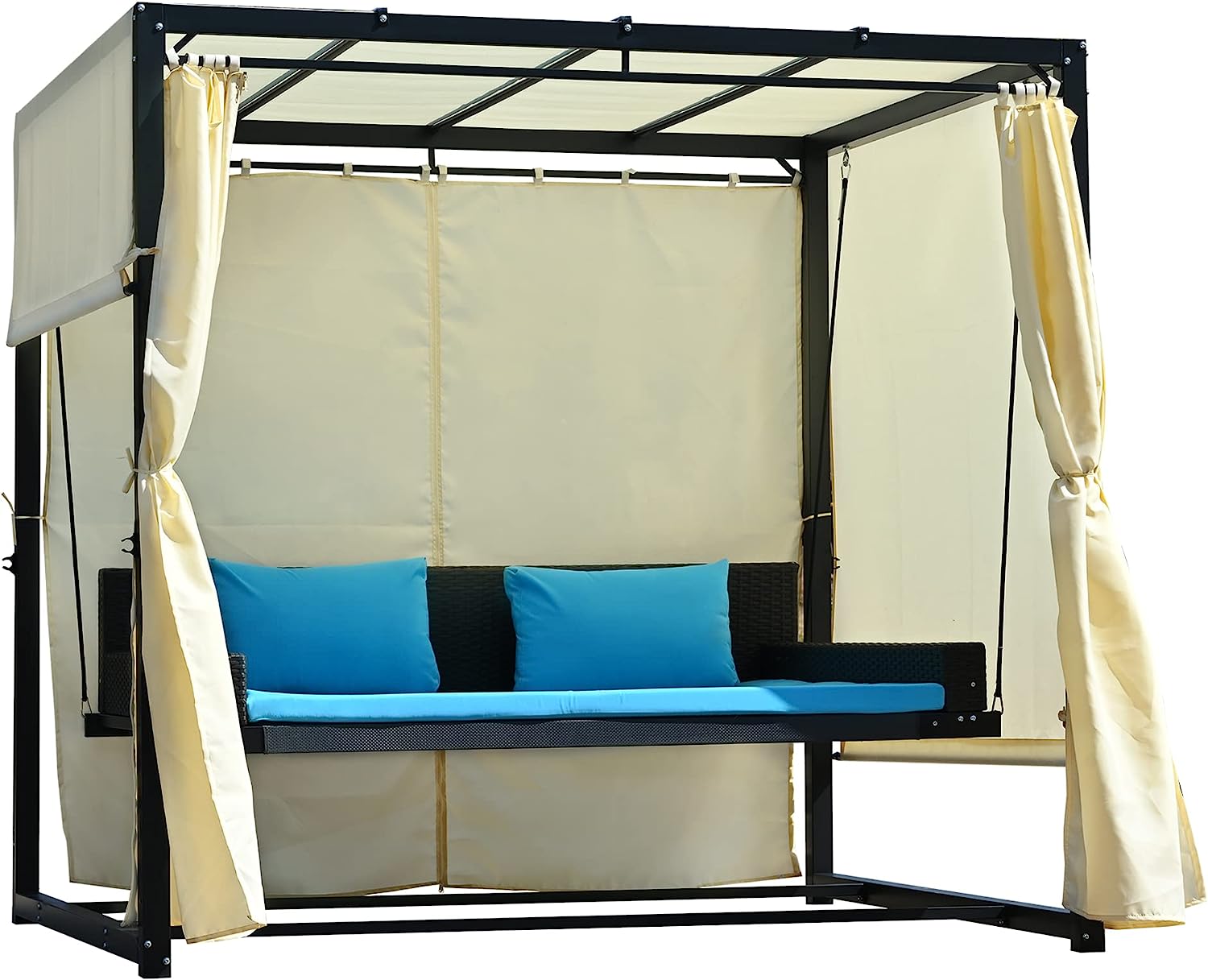 Patio 51.9” 2-Person Swing Chair,Outdoor Rattan Woven Hanging Seat with Adjustable Rope and Cushion,for Porch Lawn Garden Backyard Balconies (Black&b)