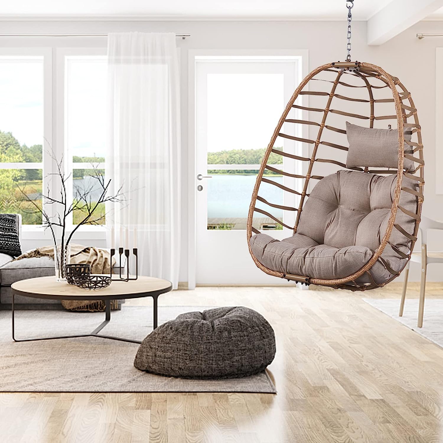 Rilyson Hanging Egg Chair Without Stand - Outdoor Egg Swing Chair with Resistant Cushion Wicker Rattan Swinging Egg Chair for Patio Garden Balcony(Grey/Blue)