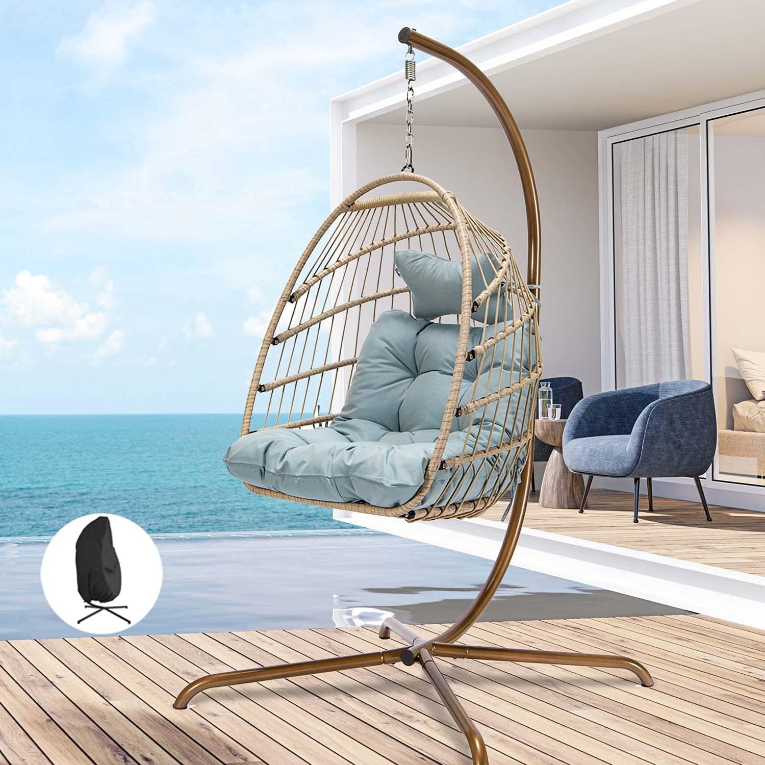 Swing Egg Chair Without Stand Indoor Outdoor Wicker Rattan Patio Basket Hanging Chair with UV Resistant Cushions 265lbs Capaticy for Bedroom Balcony Patio (Without Stand)