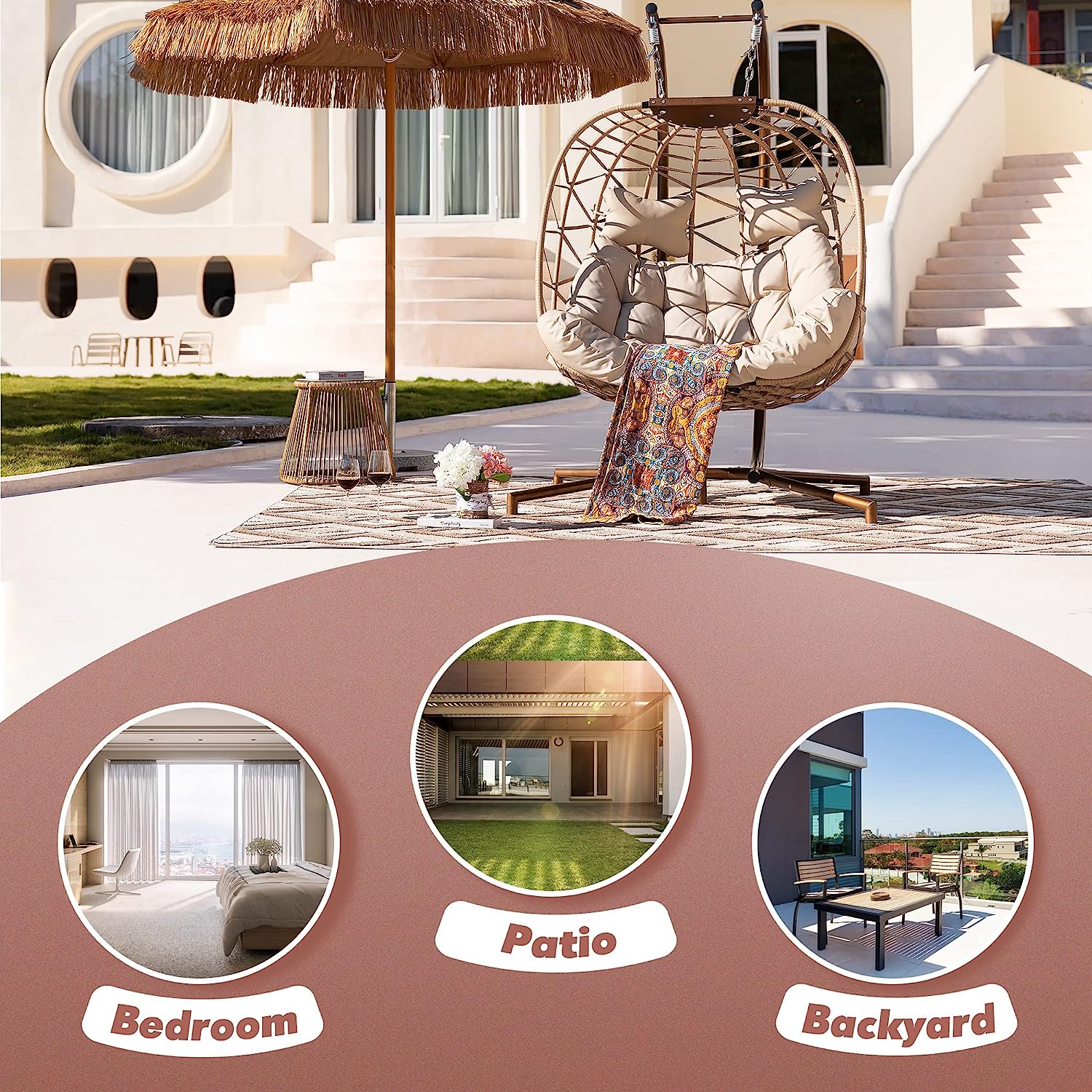 Swing Egg Chair Without Stand Indoor Outdoor Wicker Rattan Patio Basket Hanging Chair with UV Resistant Cushions 265lbs Capaticy for Bedroom Balcony Patio (Without Stand)