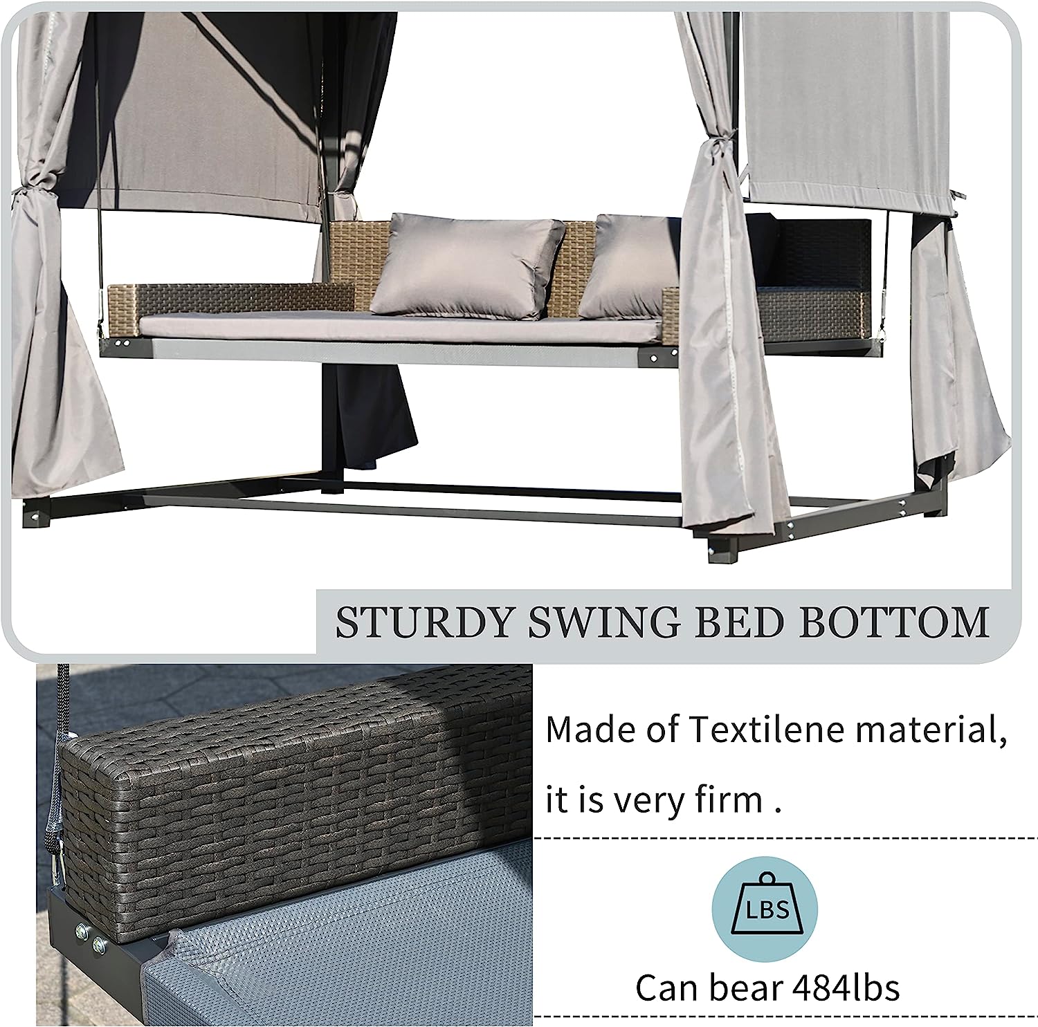 Merax 3-Seat Patio Swing Bed,Outdoor Porch Chair with Adjustable Canopy and Durable Steel Frame for Patio, Garden, Poolside Dark Grey