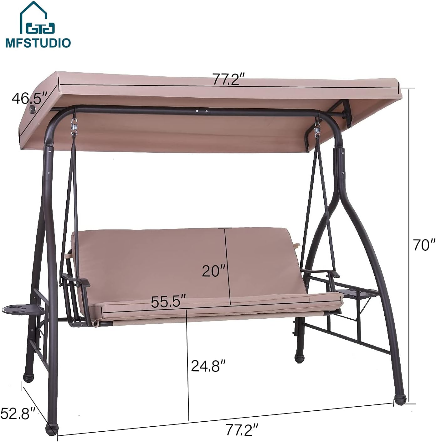 MFSTUDIO 3 Seat Patio Porch Swing, Outdoor Adjustable Canopy Swing Glider with Foldable Side Table and Removable Cushion for,Garden, Poolside, Balcony, Backyard (Beige) …