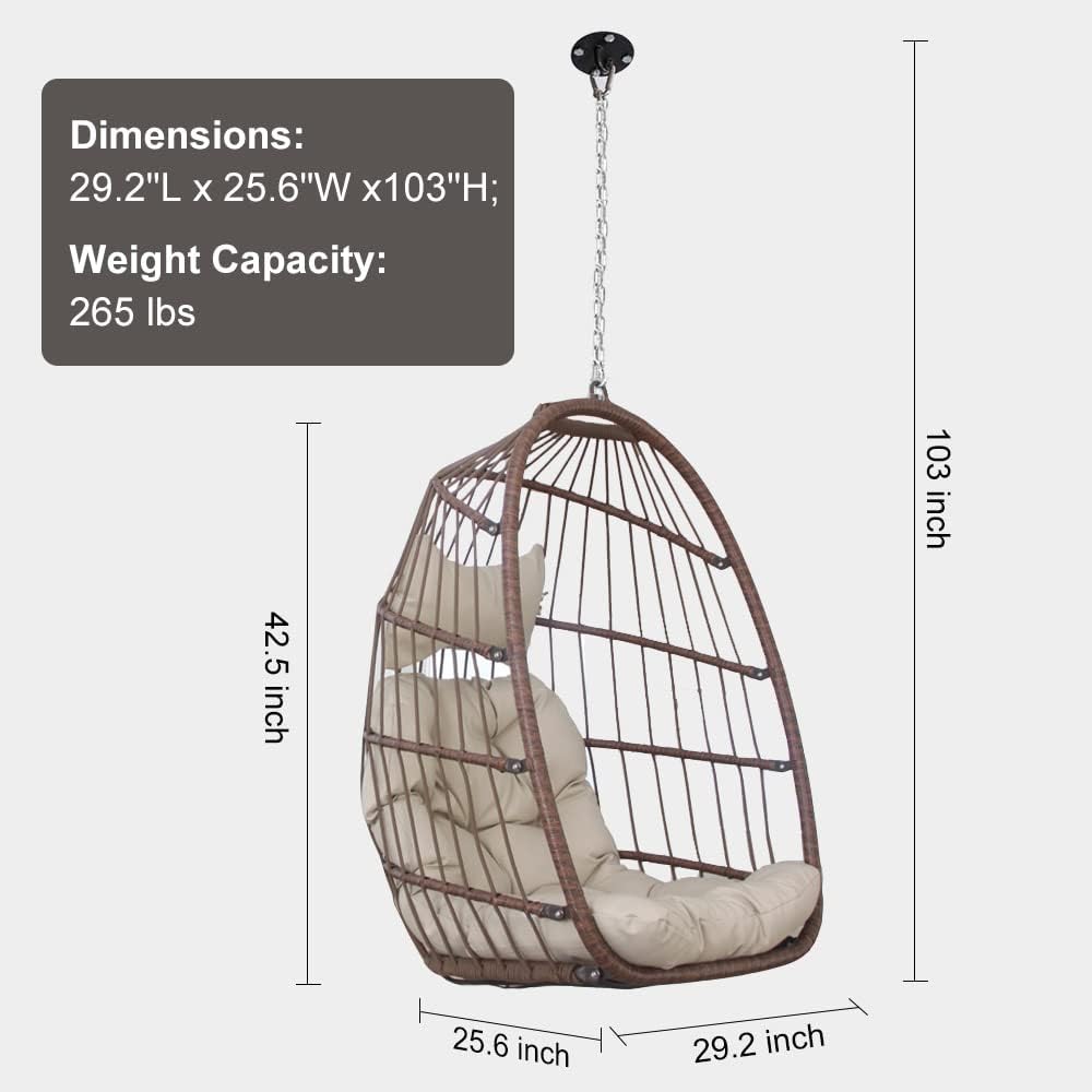 Swing Egg Chair Without Stand Indoor Outdoor Wicker Rattan Patio Basket Hanging Chair with UV Resistant Cushions 265lbs Capaticy for Bedroom Balcony Patio (Without Stand)