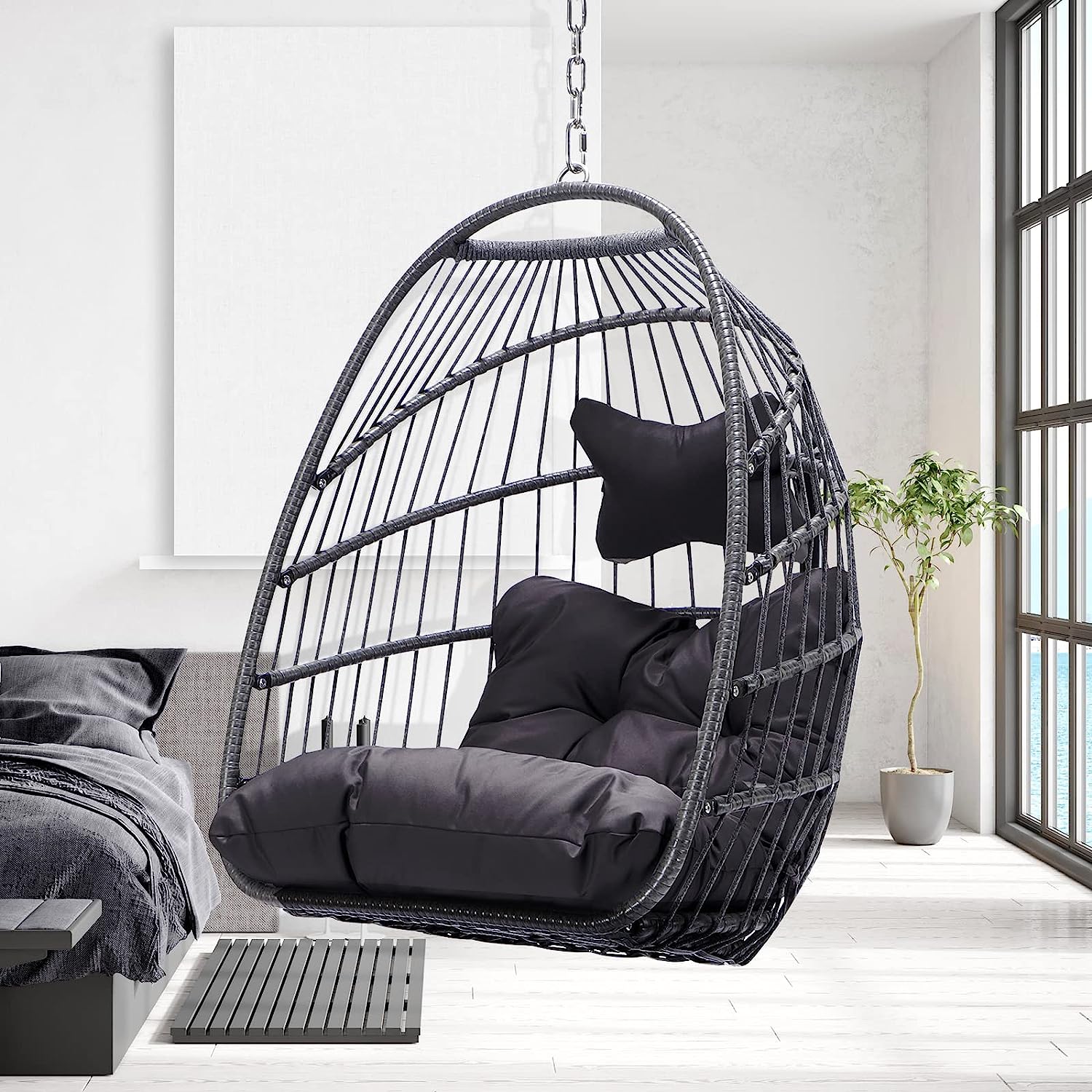 RADIATA Double Egg Chair with Stand Luxury Outdoor Patio Wicker Loveseat Hanging Swing Egg Chairs with Resistant Cushions Metal Frame 500 lbs Capaticy for 2 Persons Patio Backyard Balcony