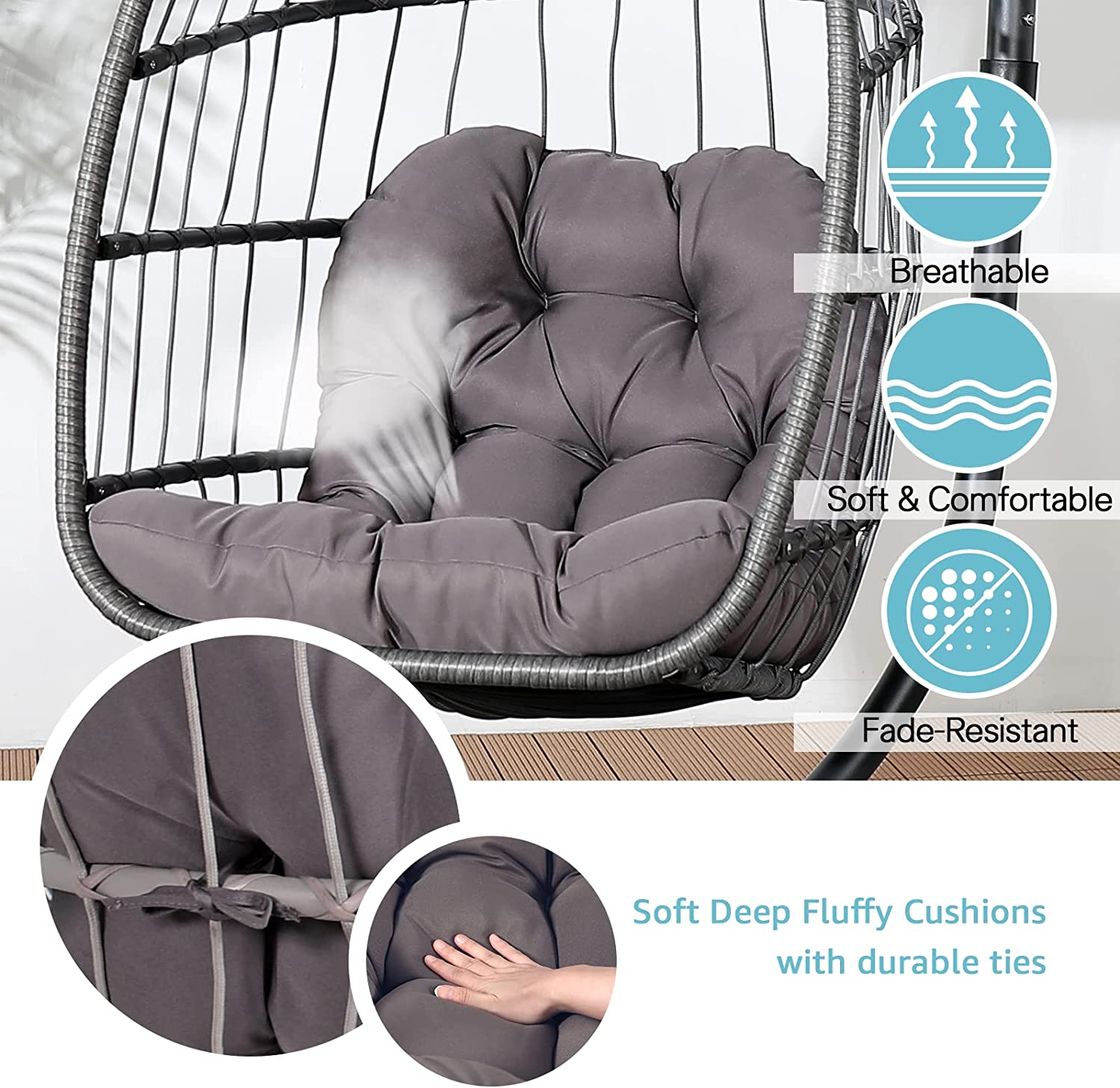 Patiorama Indoor Outdoor Egg Swing Chair with Stand, Patio Grey Wicker Rattan Hanging Chair with Rope Back, Cushion,Cover,All Weather Foldable Hammock Chair for Bedroom, Garden (Light Grey)