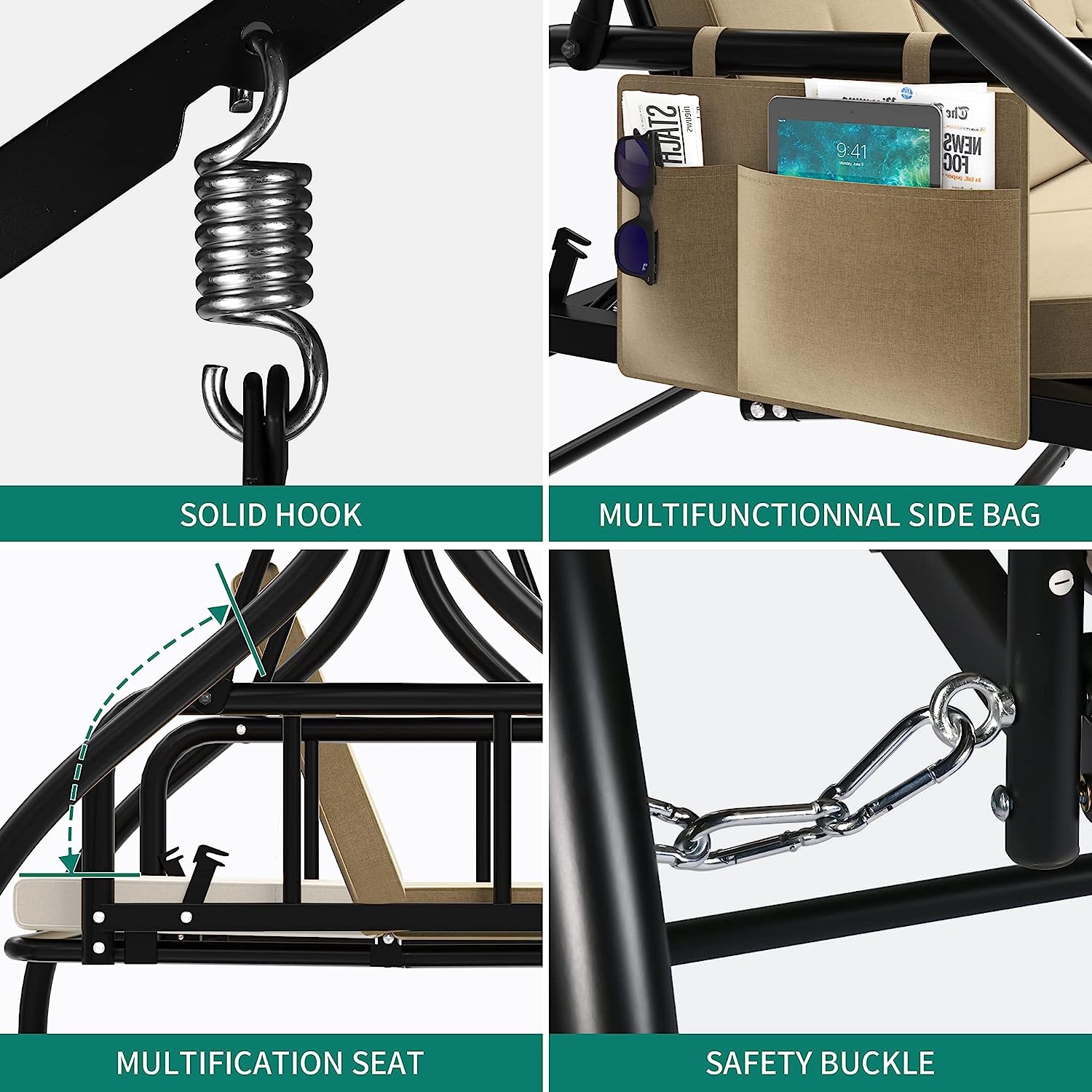 YITAHOME Porch Swing Bed 3-Seats Outdoor Patio Swing Heavy Duty Swing Chair with Adjustable Canopy Removable Cushion, Suitable for Adult in Garden, Poolside, Balcony, Brown