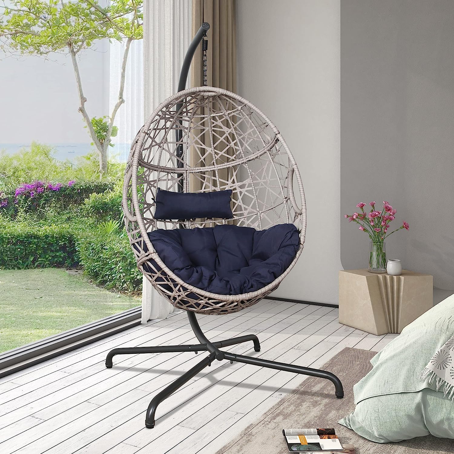 Iwicker Outdoor Rattan Egg Hanging Swing Chair with Cushions and Stand (Beige)