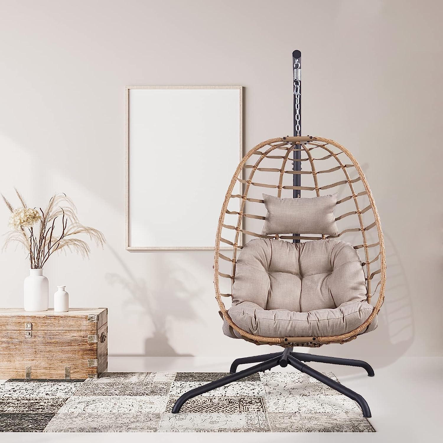 Rilyson Hanging Egg Chair Without Stand - Outdoor Egg Swing Chair with Resistant Cushion Wicker Rattan Swinging Egg Chair for Patio Garden Balcony(Grey/Blue)