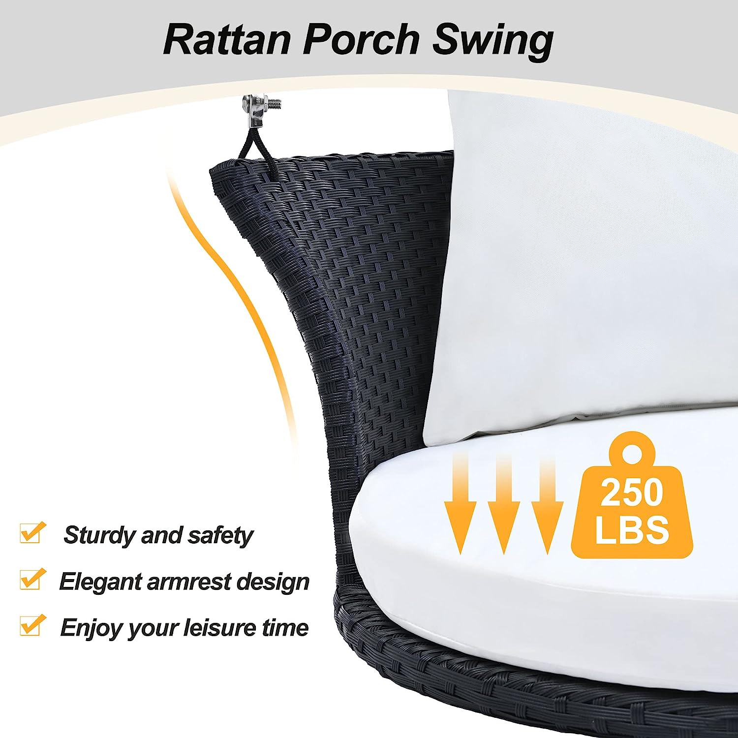 Patio 51.9” 2-Person Swing Chair,Outdoor Rattan Woven Hanging Seat with Adjustable Rope and Cushion,for Porch Lawn Garden Backyard Balconies (Black&b)