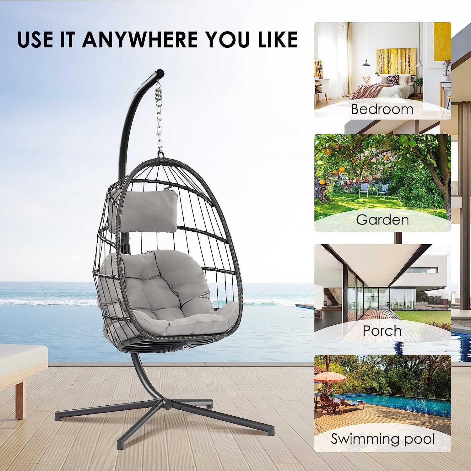 Egg Chair with Stand - Patio Rattan Wicker Hanging Swing Egg Chair Hammock Chair for Indoor Outdoor Bedroom Garden - Aluminum Steel Frame and UV Resistant Cushion 350LBS Capacity (Dark Grey)