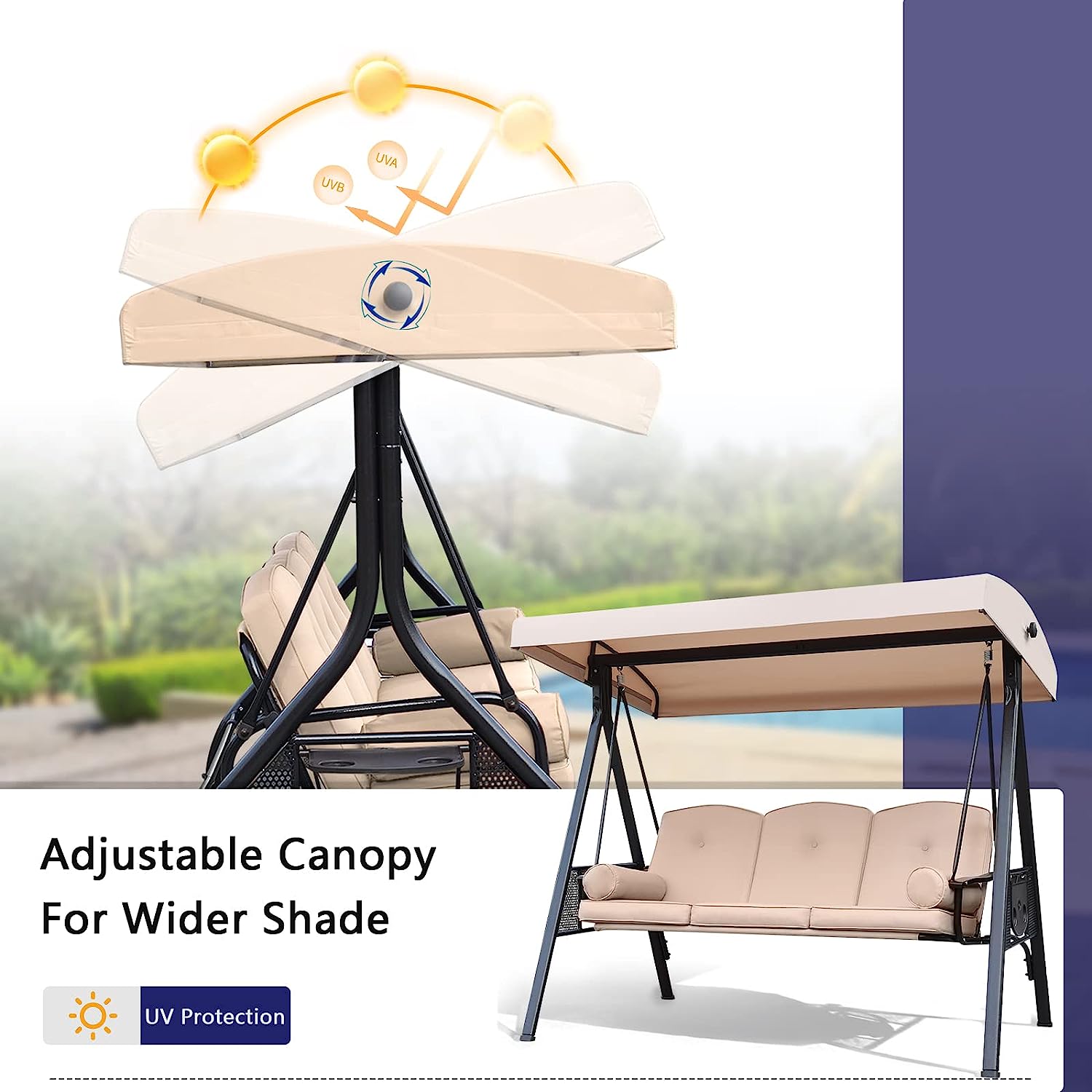 NOBLEMOOD Outdoor Porch Swing with Stand and Canopy, 3 Seat Freestanding Metal Porch Swing Bed with Cushions and Cup Trays for Backyard Outside Deck Lawn (Wine Red)