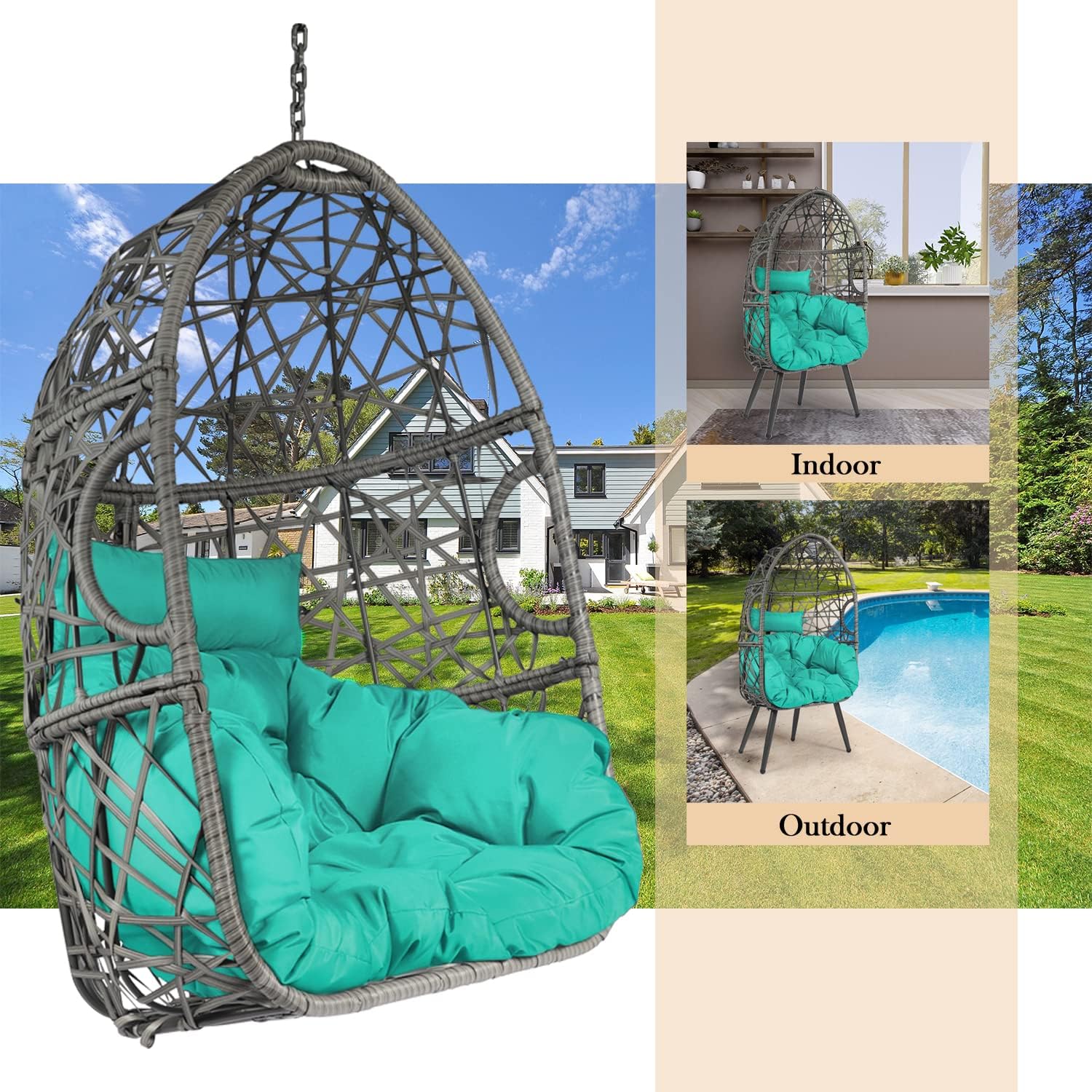 LAZZO Swing Egg Chair, Rattan Hanging Chair, Indoor & Outdoor Hammock Chair with Seat Cushion & Pillow for Patio Porch Lounge Bedroom