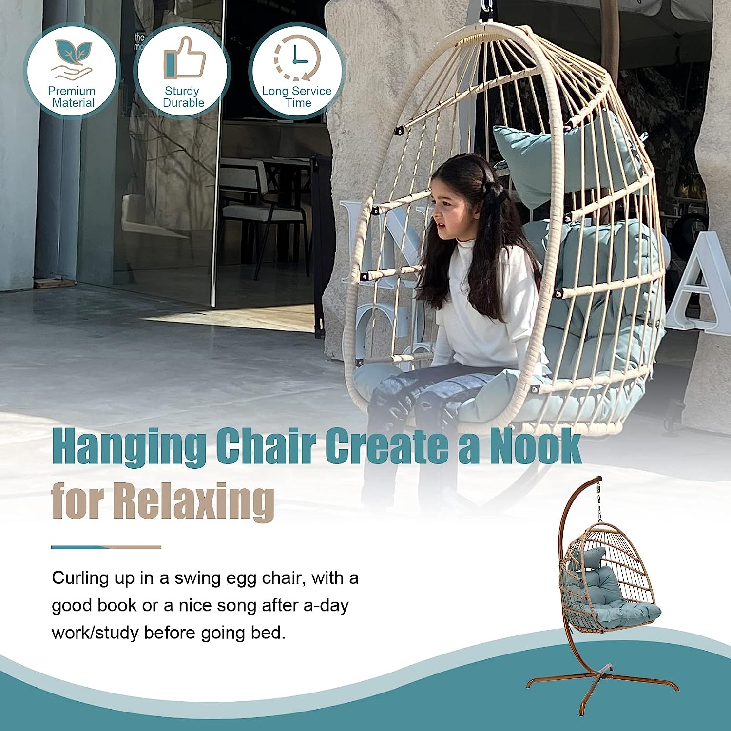 Indoor Outdoor Patio Wicker Hanging Chair Swing Egg Basket Chairs with Stand UV Resistant Cushions 350lbs Capaticy for Patio Backyard Balcony Xmas Gift